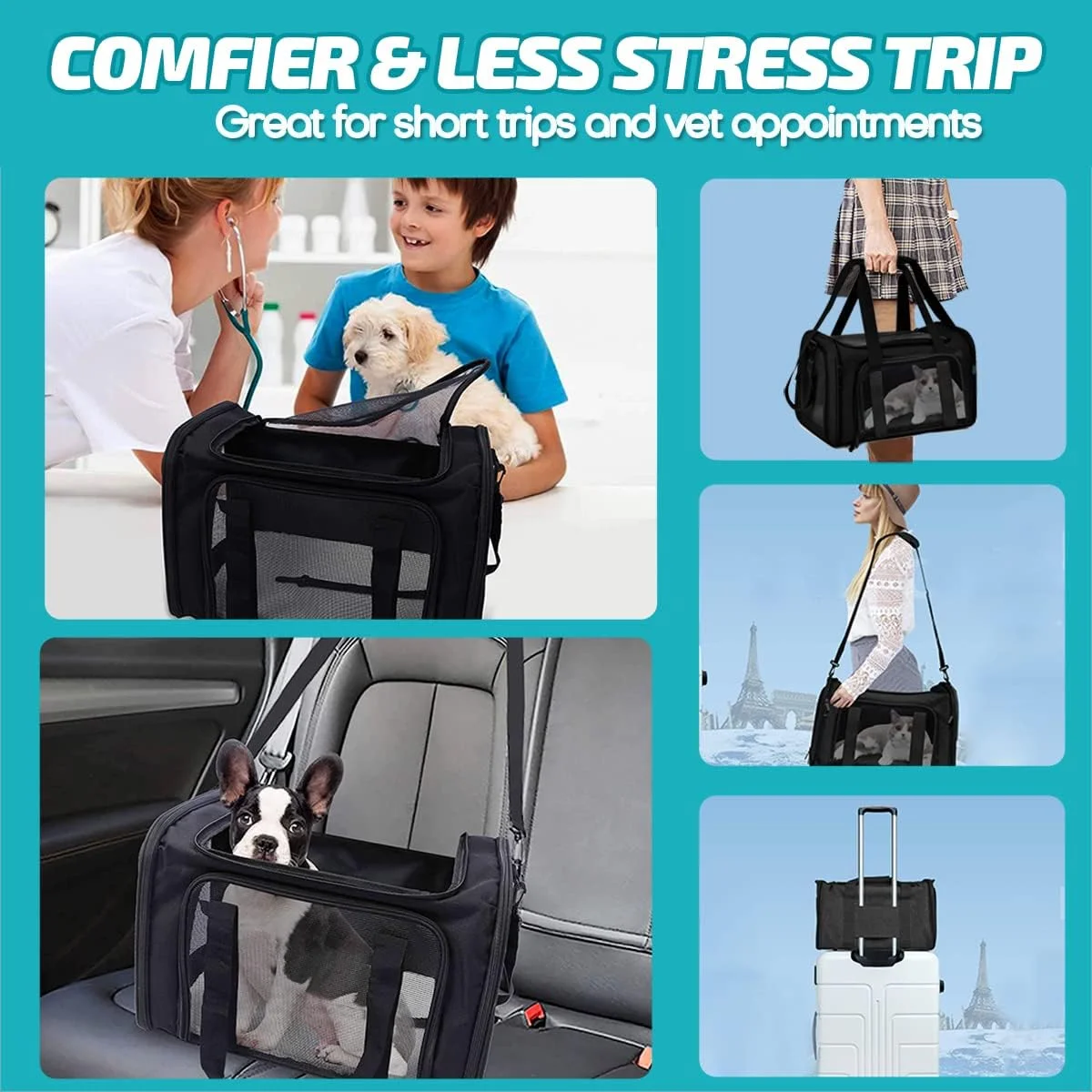 کیف حمل تاشو و نرم حیوانات خانگی - سایز بزرگ مناسب برای حیوانات تا وزن 10 کیلوگرم، دارای 3 پنجره توری و 4 دریچه، به همراه بند پددار و تشک پشمی، ایده آل برای سفر و ملاقات دامپزشک - سایز L، مشکی