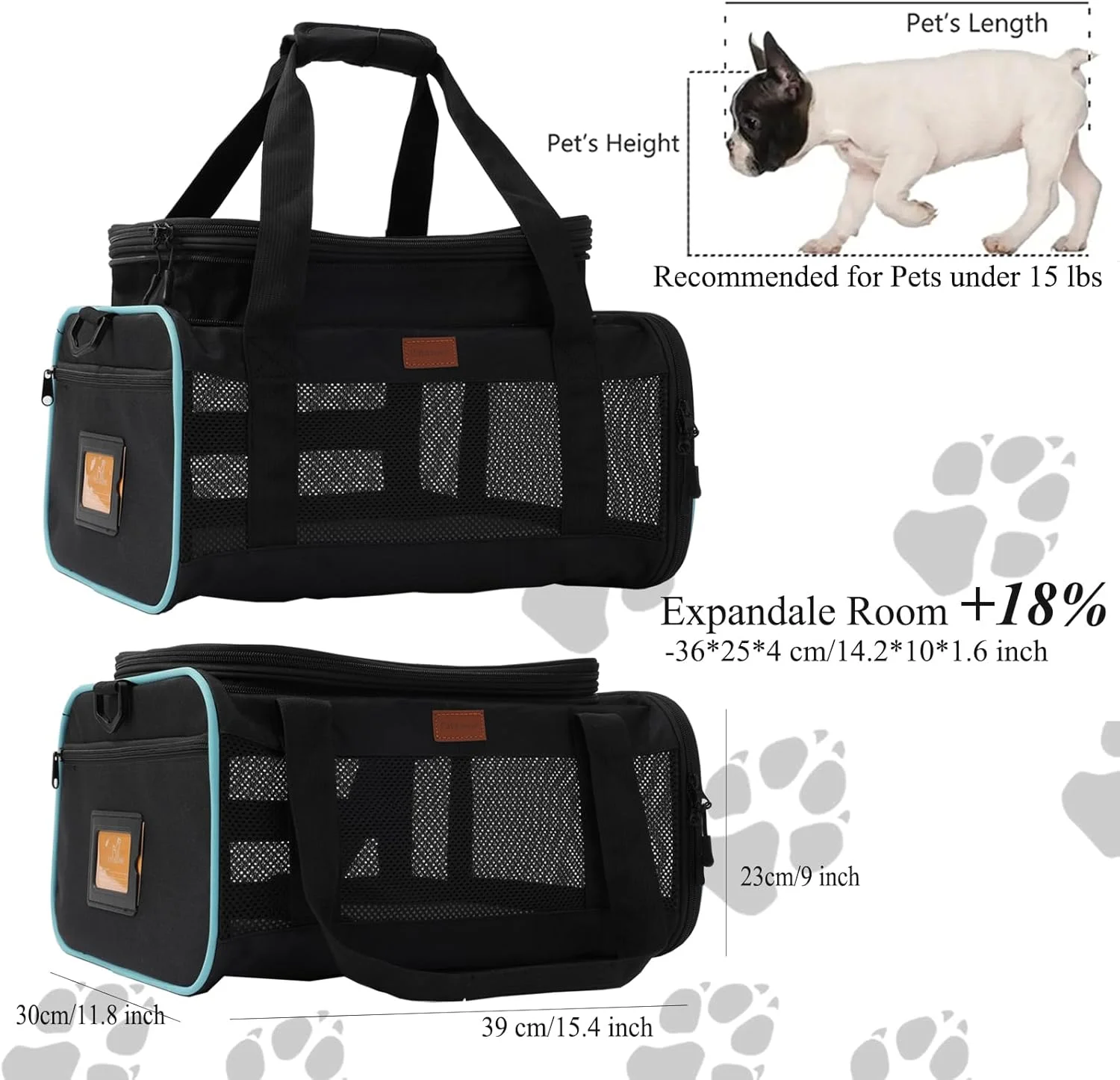 کیف حمل حیوانات خانگی مشکی برای گربه ها و سگ های کوچک، کیف سگ، تایید شده برای هواپیما، قسمت بالایی قابل گسترش، مناسب برای حیوانات خانگی تا 7 کیلوگرم
