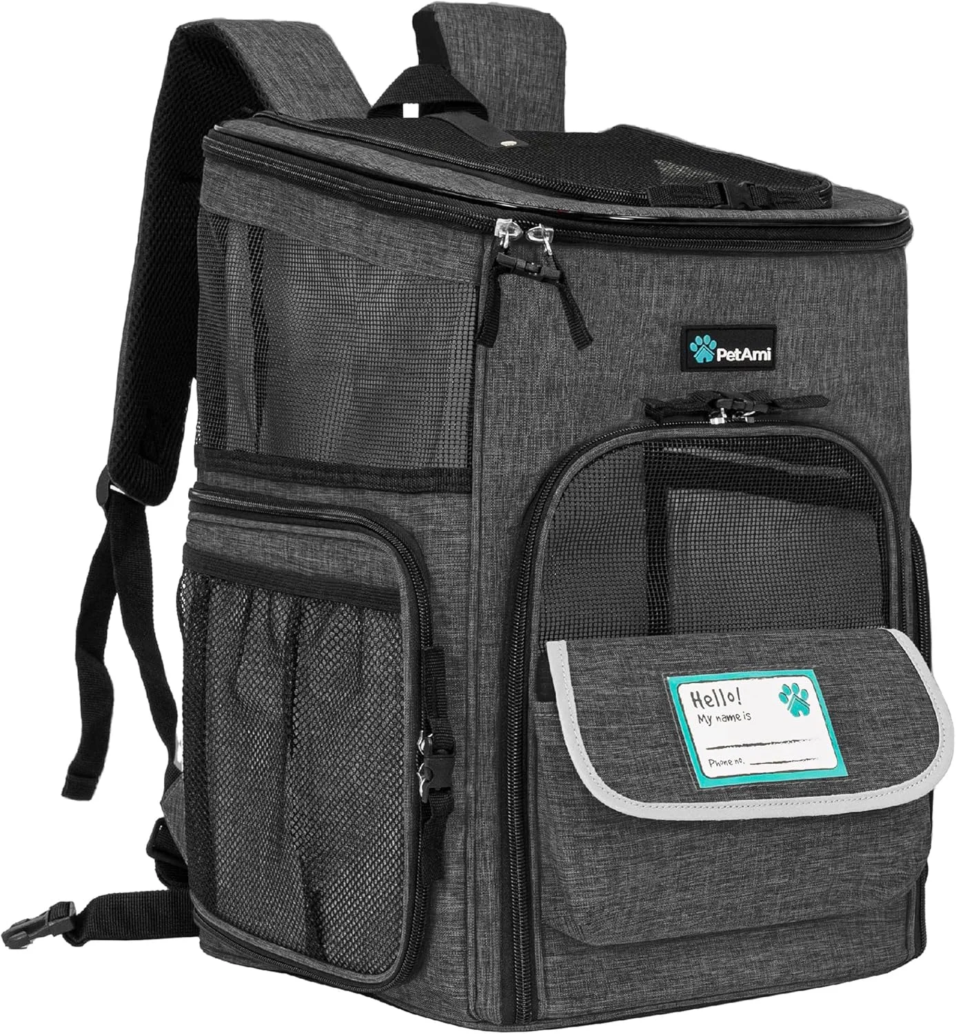 کیف کوله پشتی حمل حیوانات خانگی پتامی برای گربه ها، سگ ها و توله سگ های کوچک | دارای تهویه، ورود 4 طرفه، ایمنی و پشتیبانی نرم از کمر | تاشو برای مسافرت، پیاده روی، فضای باز (ذغالی)