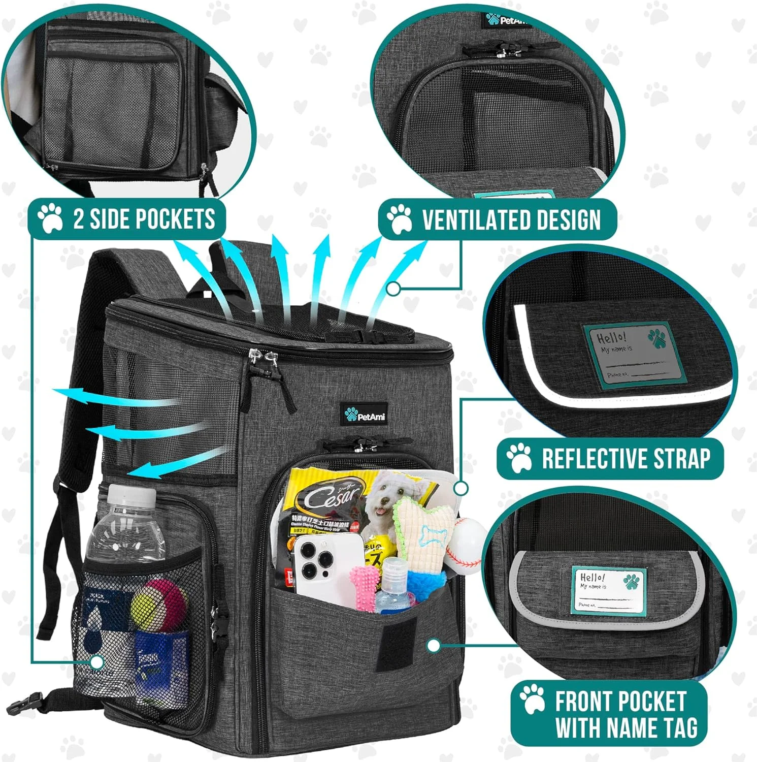 کیف کوله پشتی حمل حیوانات خانگی پتامی برای گربه ها، سگ ها و توله سگ های کوچک | دارای تهویه، ورود 4 طرفه، ایمنی و پشتیبانی نرم از کمر | تاشو برای مسافرت، پیاده روی، فضای باز (ذغالی)