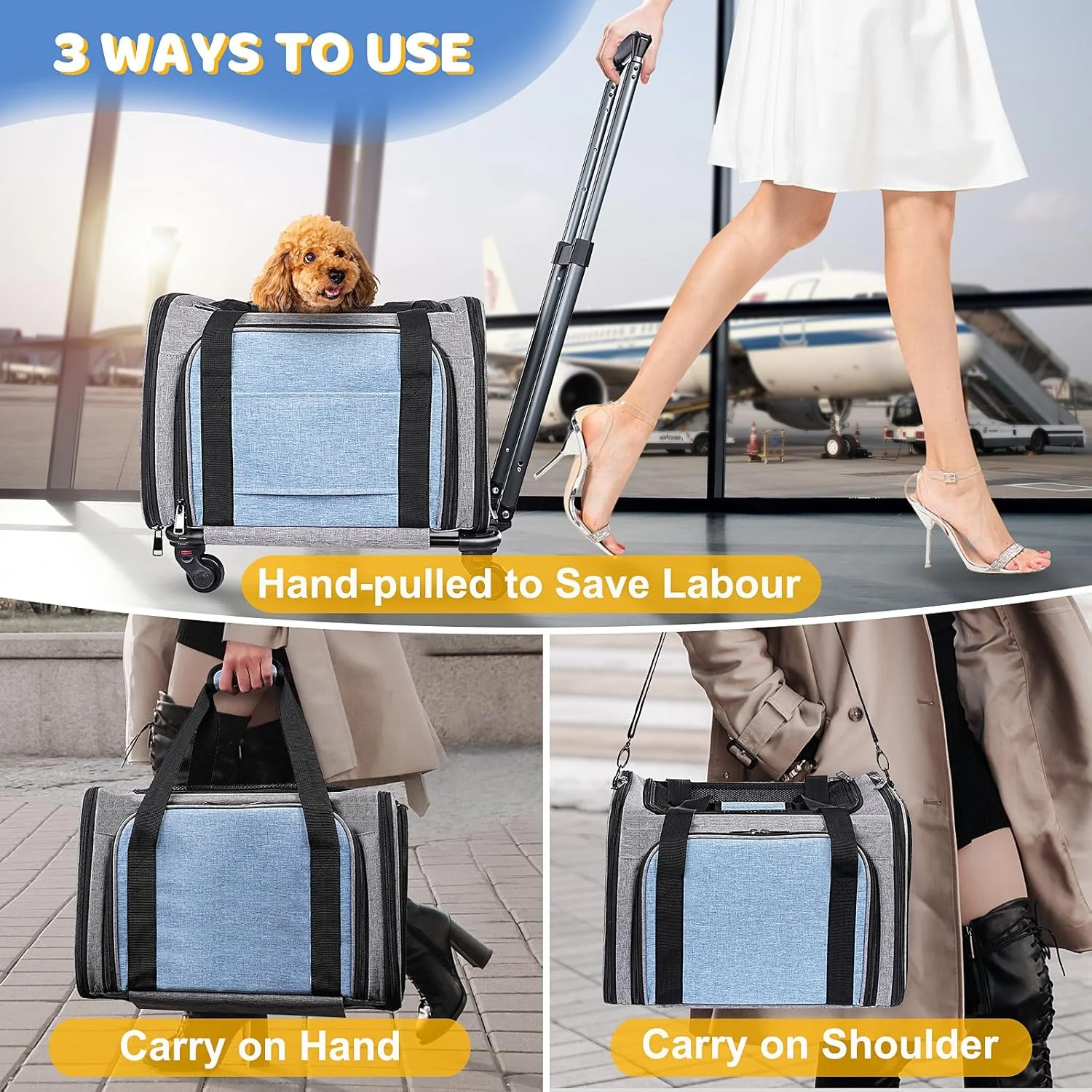 کیف حمل حیوانات خانگی چرخ دار برای گربه و سگ های کوچک: کیف حمل تاشو و جادار مناسب سفر با هواپیما