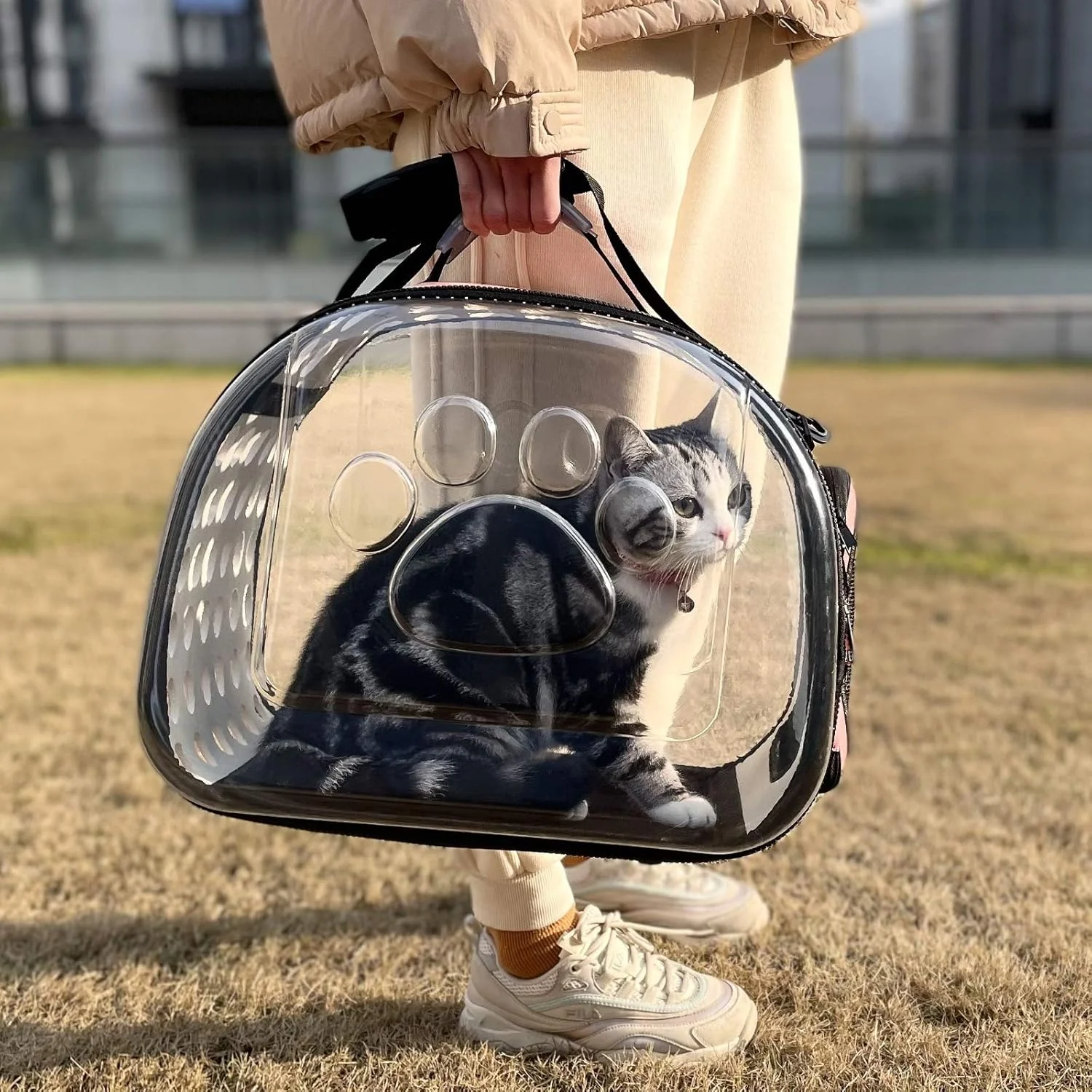 کیف حمل حیوانات خانگی PetLike، تاشو، مناسب سفر برای گربه و سگ های کوچک (مشکی، چرم)