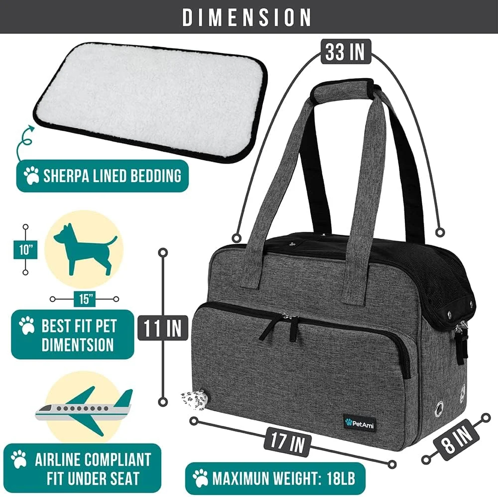 کیف حمل سگ کوچک PetAmi، کیف حمل نرم با جیب، کیف دستی مسافرتی قابل حمل برای سگ متوسط، توله سگ و گربه بزرگ، توری تنفسی تایید شده هواپیمایی، جای کیسه مدفوع و تخت خواب نرم، خاکستری تیره