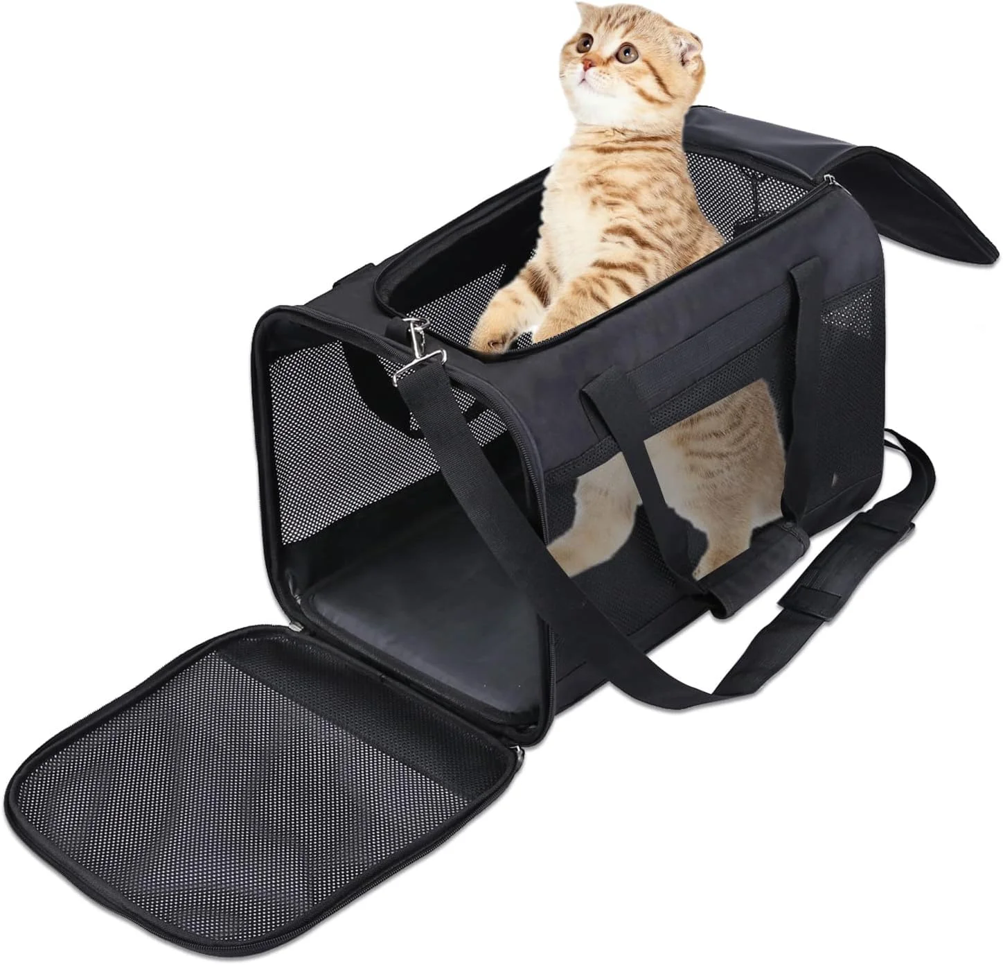کیف حمل حیوانات خانگی پت کیوت، کیف نرم برای حمل سگ، گربه و توله سگ، تاشو و دارای تهویه، دارای زیپ های خود قفل شونده، دارای تشک پشمی قابل جابجایی، مورد تایید خطوط هوایی