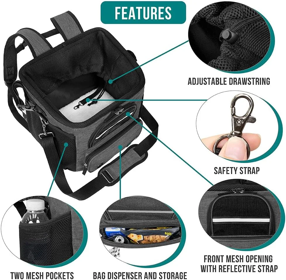 سبد حمل سگ PetAmi، کوله پشتی حمل سگ با تهویه مناسب و دیواره نرم، سبد دوچرخه سگ برای فرمان دوچرخه، صندلی تقویت کننده ماشین سگ، گربه، بچه گربه کوچک و متوسط با بند ایمنی (خاکستری تیره)