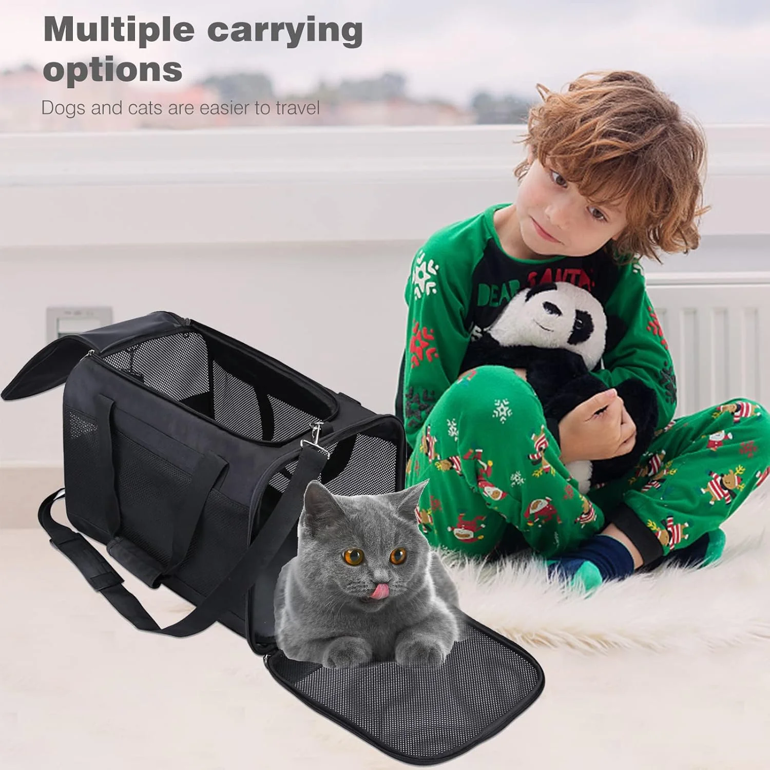 کیف حمل حیوانات خانگی پت کیوت، کیف نرم برای حمل سگ، گربه و توله سگ، تاشو و دارای تهویه، دارای زیپ های خود قفل شونده، دارای تشک پشمی قابل جابجایی، مورد تایید خطوط هوایی