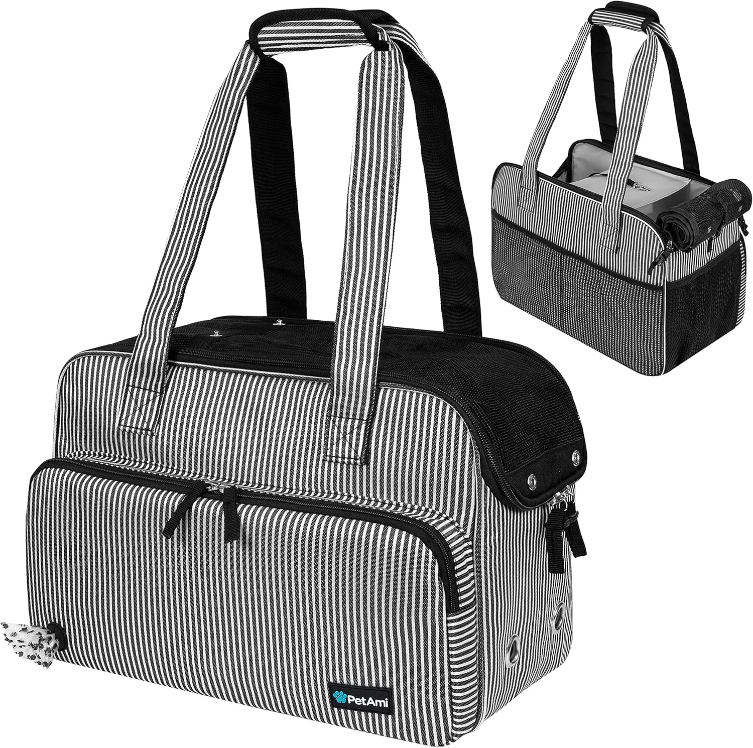 کیف حمل سگ کوچک PetAmi، کیف حمل نرم با جیب، کیف دستی مسافرتی قابل حمل برای سگ متوسط، توله سگ، گربه بزرگ، توری تنفسی مورد تایید خطوط هوایی، پخش کننده مدفوع، تخت شرپا، طرح زیگزاگی آبی