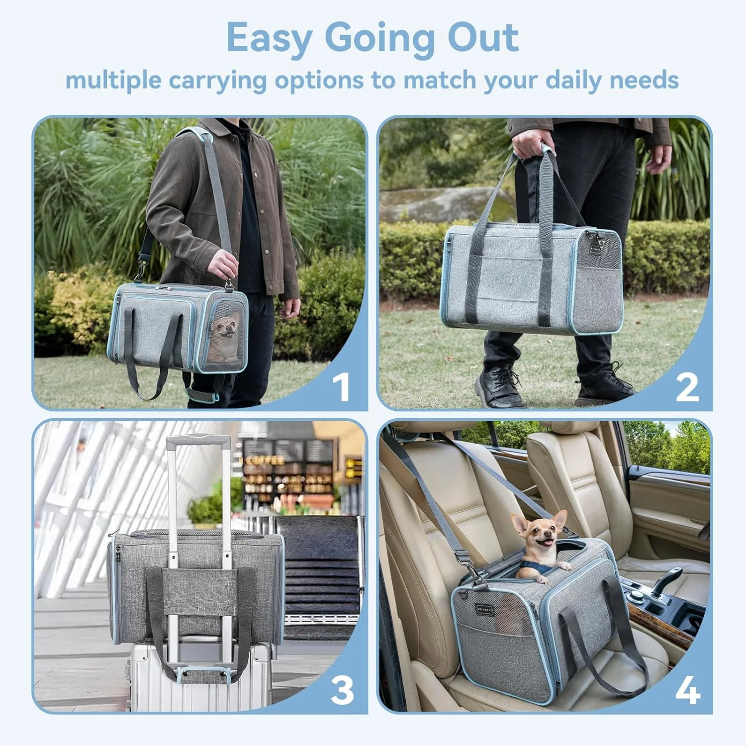 کیف حمل سگ و گربه Petsfit، تاشو، مناسب سفر هوایی، نرم و قابل شستشو، دارای پد نرم و جیب، زیپ های قفل دار