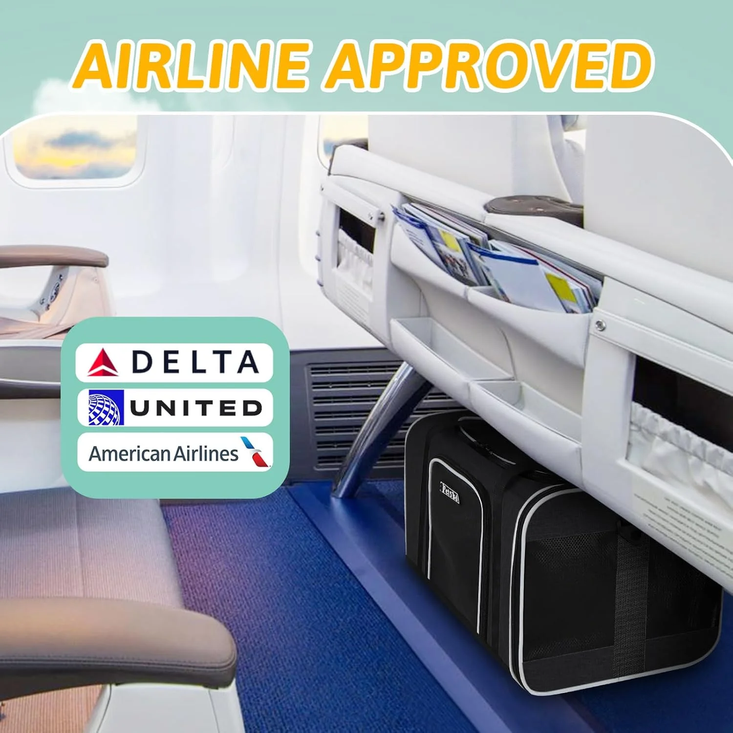 کیف حمل حیوانات خانگی پتزکد 43x28x27 سانتی متر، مناسب برای خطوط هوایی دلتا و امریکن ایرلاینز، کیف مسافرتی حیوانات خانگی برای گربه ها و سگ های کوچک، کیف نرم حمل گربه با زیپ های قفل ایمنی، توری تنفسی 5 طرفه (مشکی)