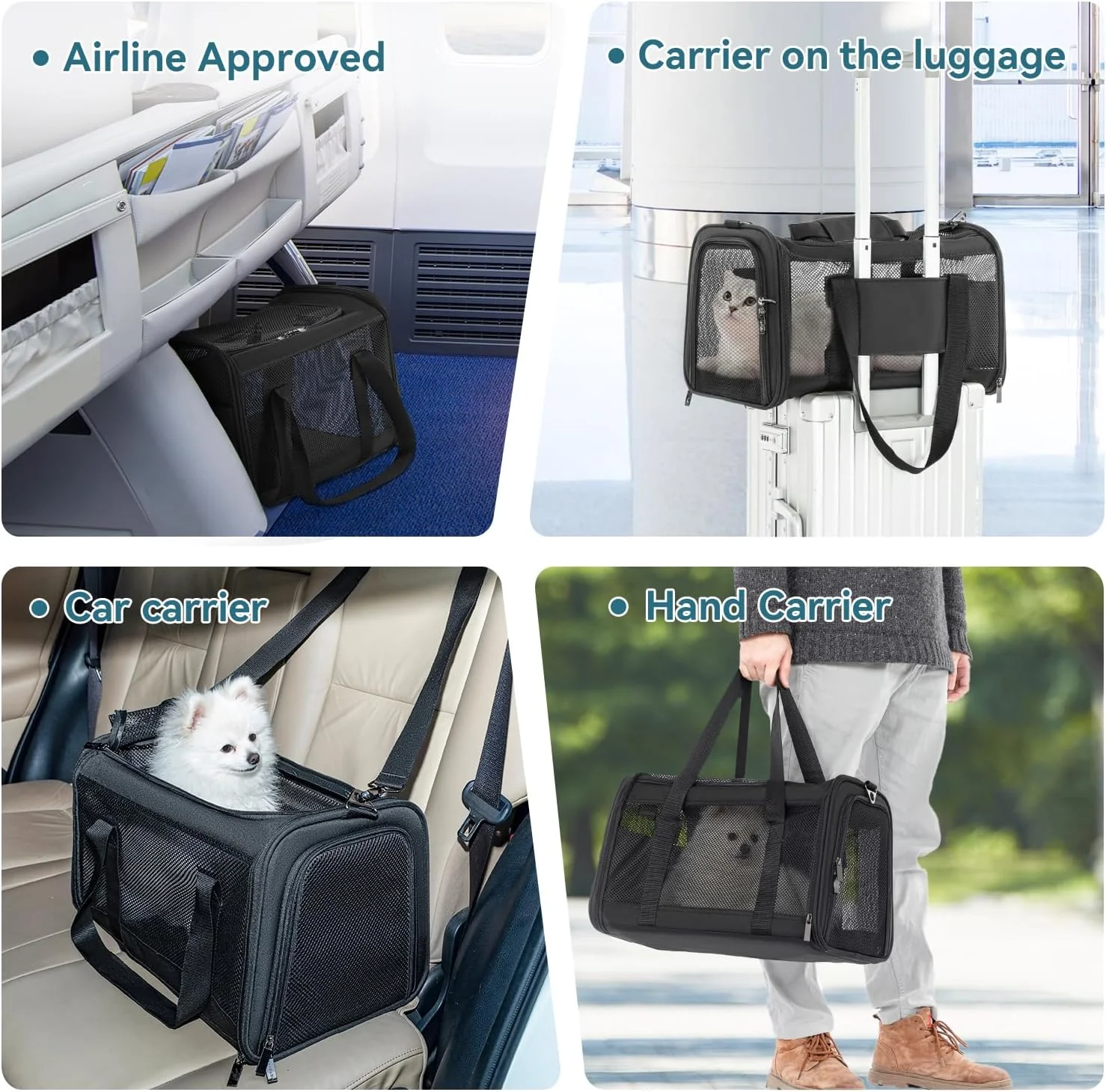 کیف حمل سگ و گربه Petsfit، تاشو و نرم، مناسب سفر، دارای 3 روش حمل، سبک و دارای تهویه در 5 طرف، ضد فرار، به همراه پد پشمی نرم