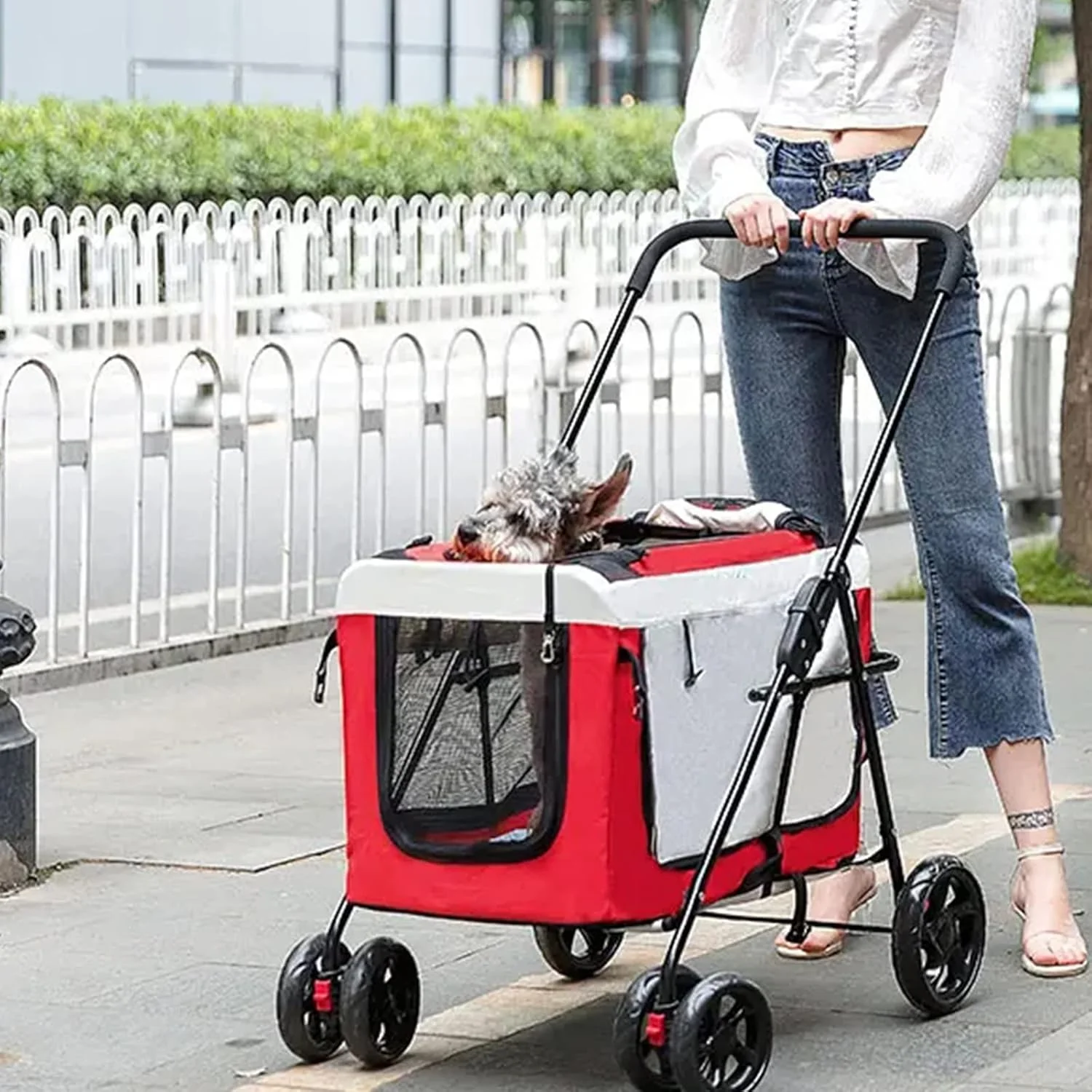 کالسکه سگ، کالسکه تاشو حیوانات خانگی مناسب سفر در فضای باز برای سگ و گربه کوچک و متوسط، تحمل وزن 20 کیلوگرم، خاکستری