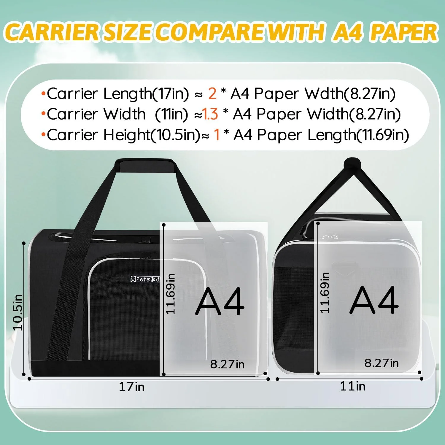 کیف حمل حیوانات خانگی پتزکد 43x28x27 سانتی متر، مناسب برای خطوط هوایی دلتا و امریکن ایرلاینز، کیف مسافرتی حیوانات خانگی برای گربه ها و سگ های کوچک، کیف نرم حمل گربه با زیپ های قفل ایمنی، توری تنفسی 5 طرفه (مشکی)