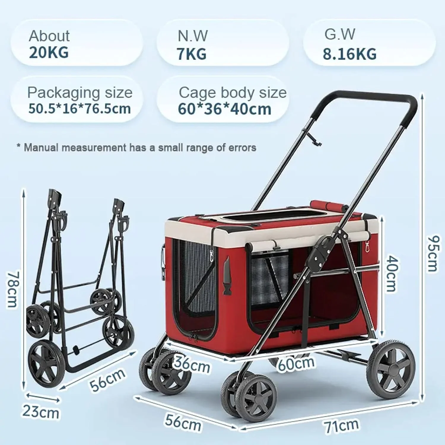 کالسکه سگ، کالسکه تاشو حیوانات خانگی مناسب سفر در فضای باز برای سگ و گربه کوچک و متوسط، تحمل وزن 20 کیلوگرم، خاکستری