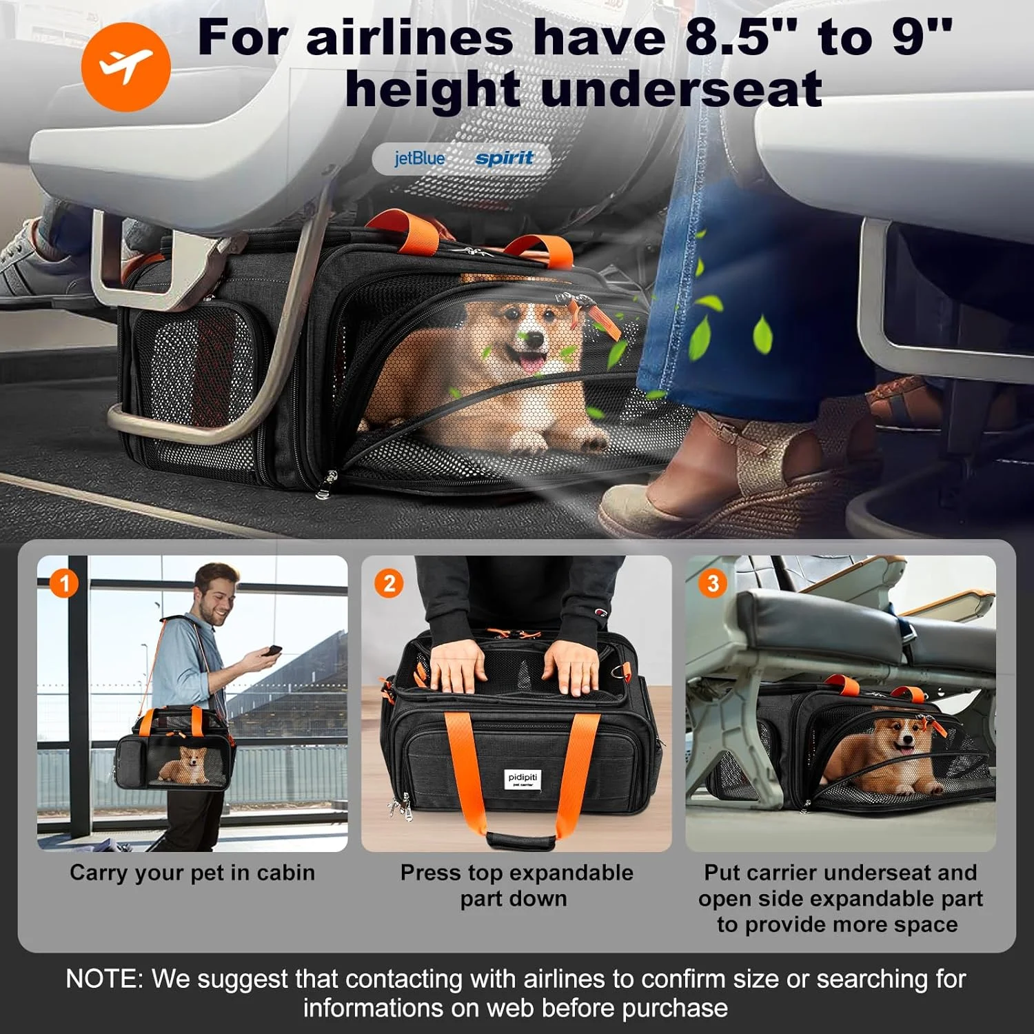 کیف حمل حیوانات خانگی تایید شده توسط TSA، ابعاد 43x30x21 سانتی متر، قابل گسترش، مناسب برای سگ های خیلی کوچک با وزن کمتر از 3-4 کیلوگرم، گربه های کوچک تا متوسط با وزن کمتر از 4.5 کیلوگرم، مناسب برای خطوط هوایی جت‌بلو و سایر خطوط هوایی با فضای 21.5 سانتی متر زیر صندلی