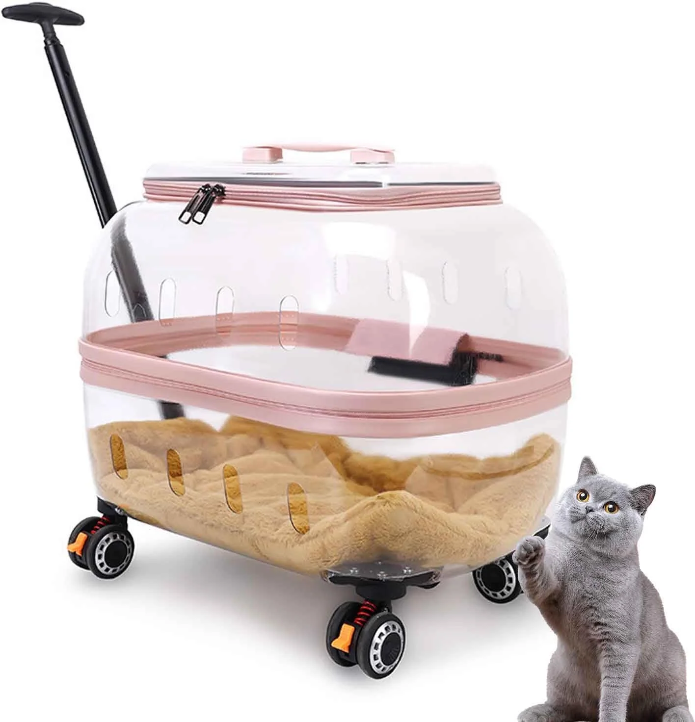 کیف حمل گربه چرخ دار، کیف حمل حیوانات خانگی قابل حمل با ساختار پایدار، کیف چرخ دستی توری تنفسی حیوانات خانگی، کیف چرخ دستی حیوانات خانگی با دسته تلسکوپی برای سگ گربه کوچک، صورتی شفاف