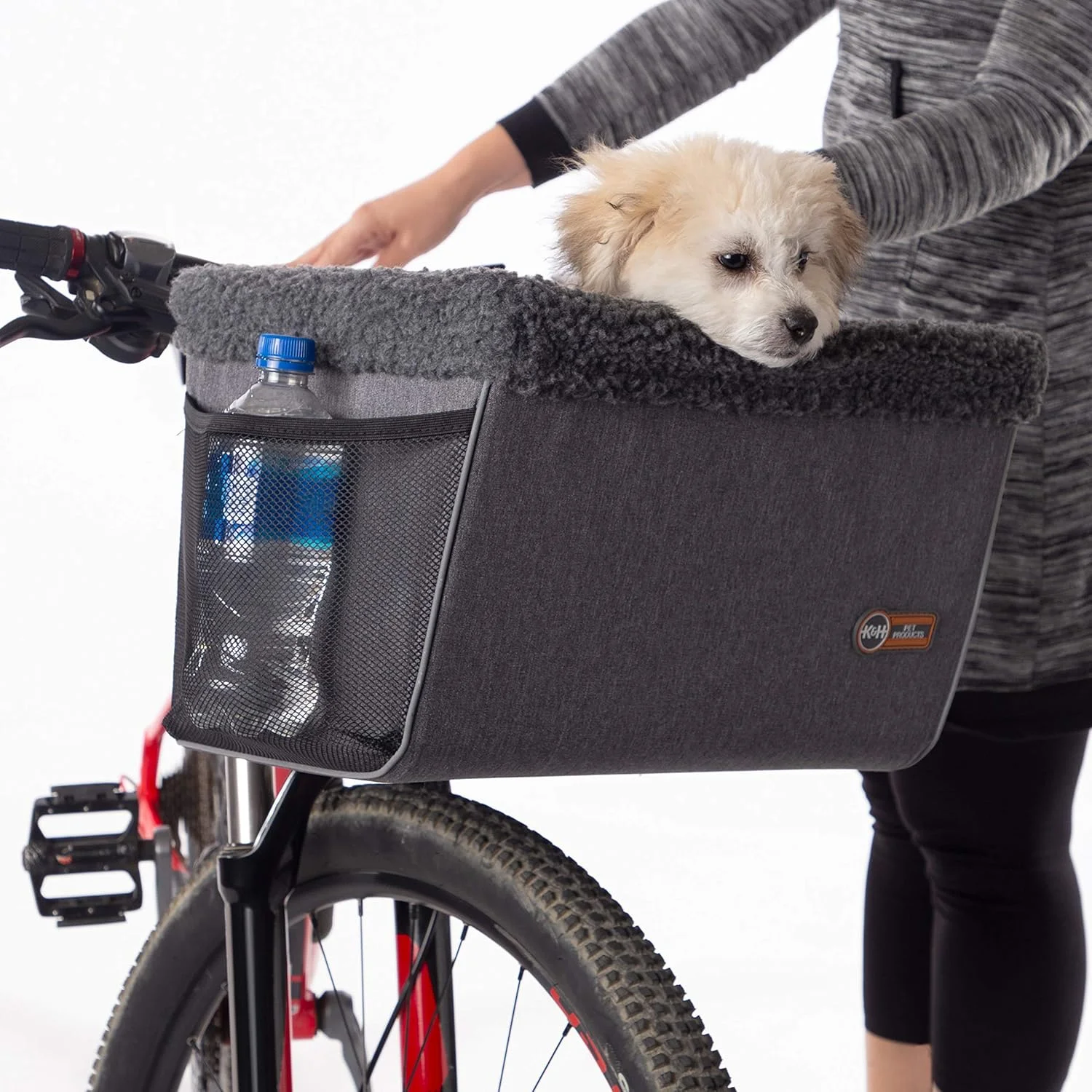 سبد حمل حیوانات خانگی دوچرخه K&H، مناسب سفر، سبد دوچرخه سگ و گربه، خاکستری شیک، بزرگ، 30x40x25 سانتی متر