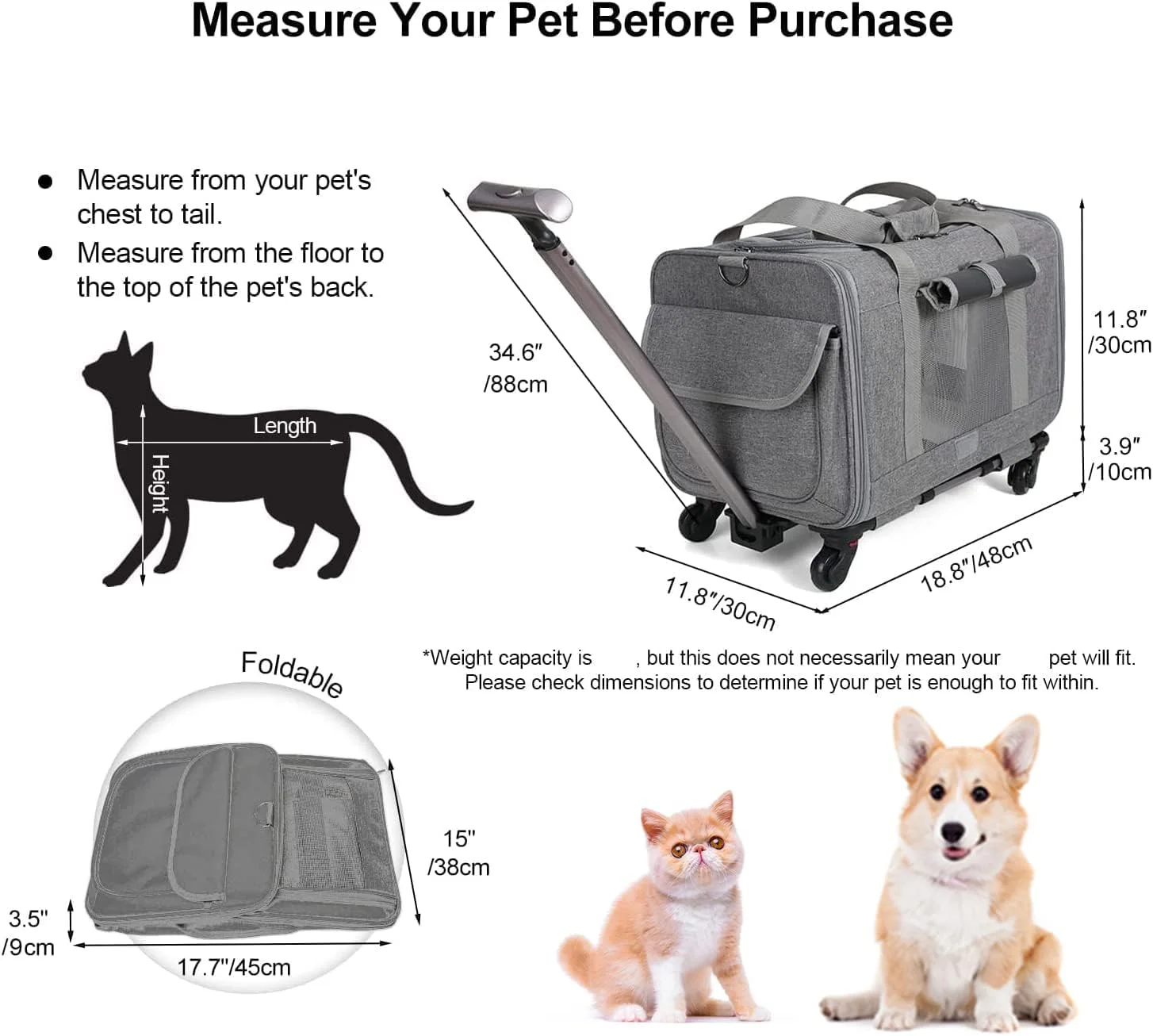 کیف چرخدار حمل حیوانات خانگی SKADE مناسب حیوانات تا 14 کیلوگرم، دارای دسته بادوام و چرخ های منعطف، دارای توری بادوام و تهویه مناسب (خاکستری، 1)