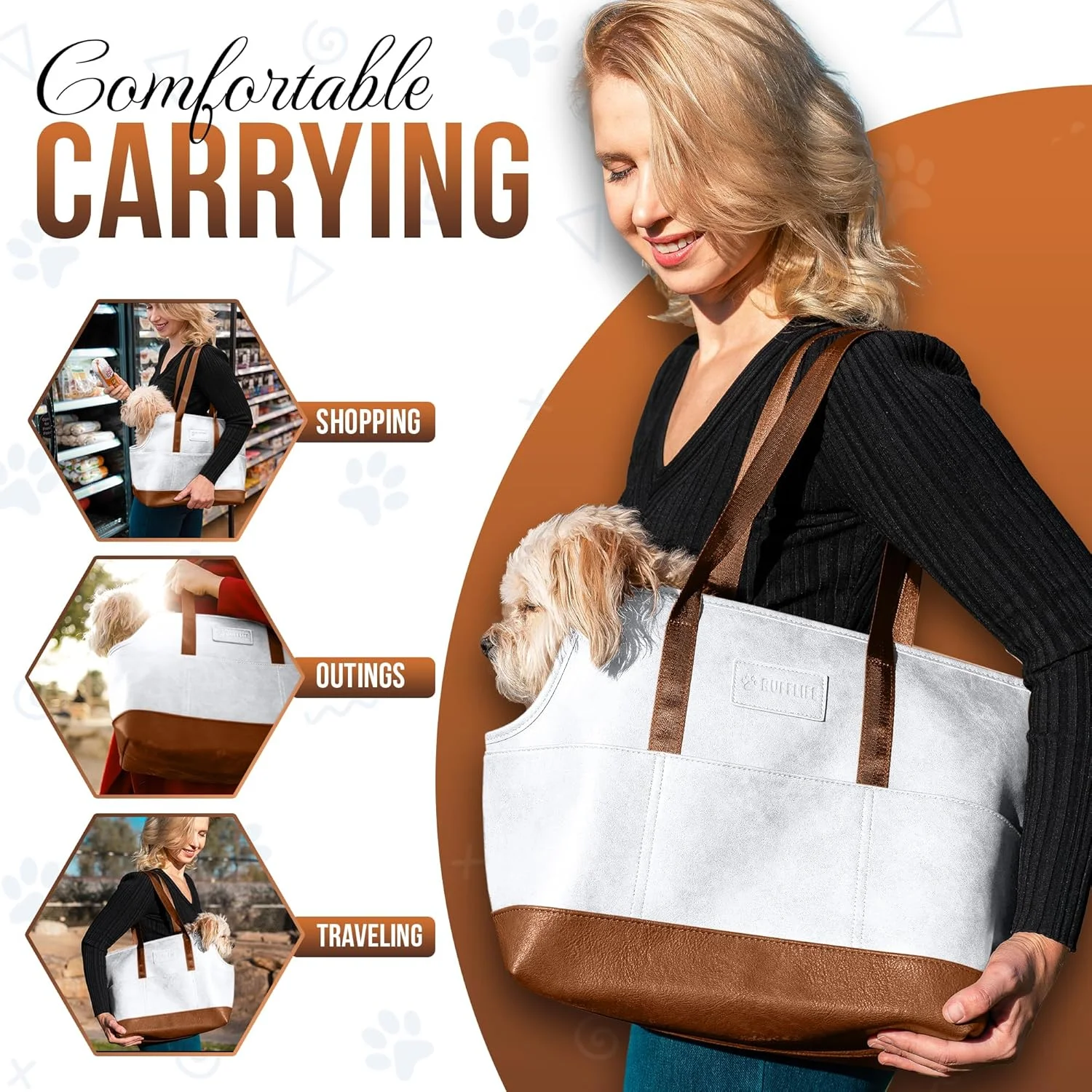 کیف حمل سگ لوکس RUFFLIFE برای سگ های کوچک، کیف دستی حیوانات خانگی چرمی مصنوعی دنج، گیره مهار ایمن، کیف حمل سگ برای سگ ها و توله سگ های کوچک - سفید