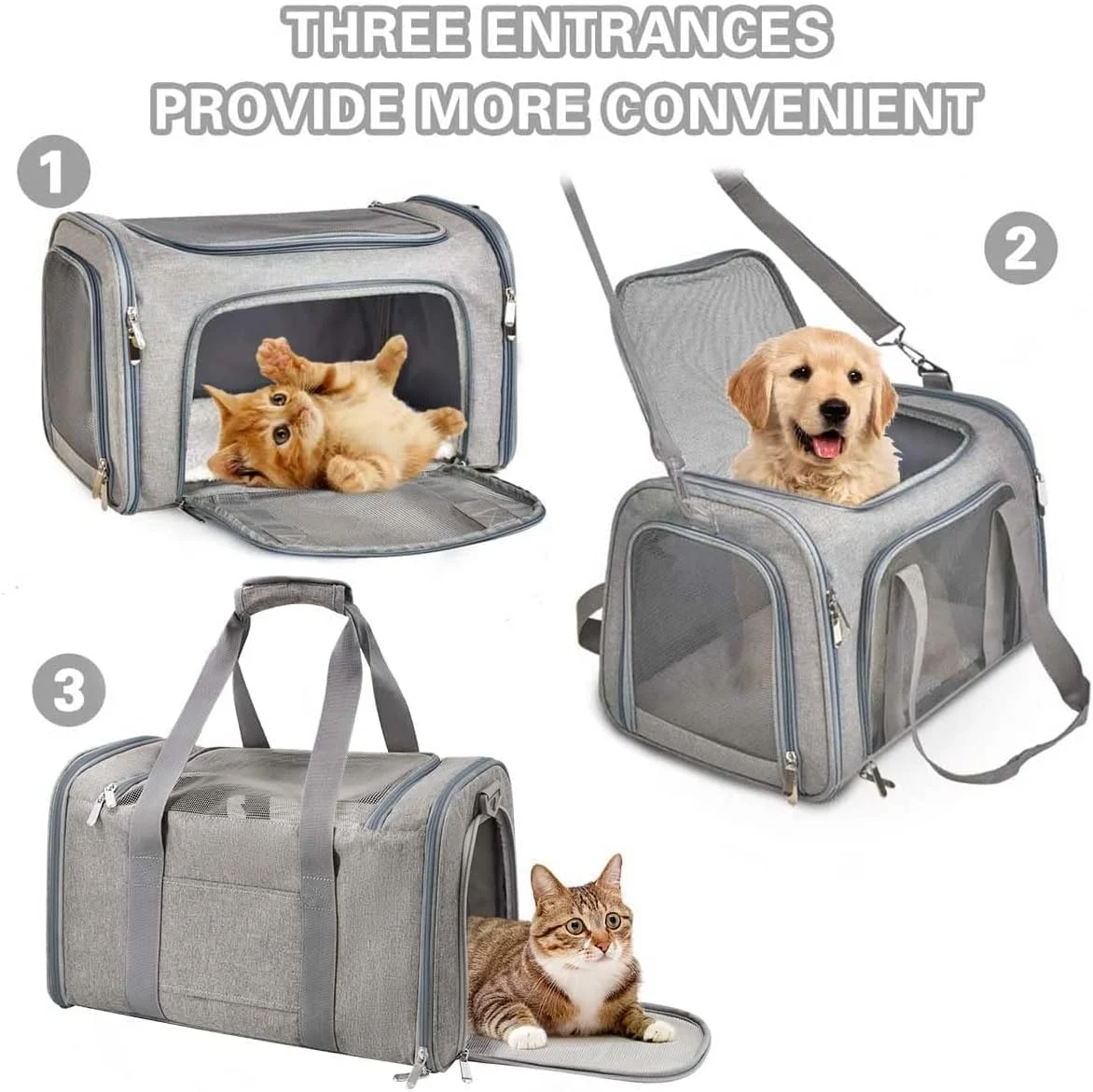کیف حمل نرم حیوانات خانگی، کیف تاشو مسافرتی برای گربه های بزرگ/سگ های کوچک با بند شانه و تشک جداشدنی، کیف توری حمل توله سگ، تا 7 کیلوگرم، مورد تایید خطوط هوایی (خاکستری)