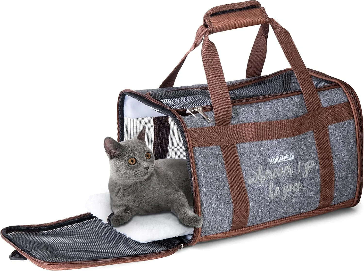 کیف حمل حیوانات خانگی جنگ ستارگان طرح ماندلورین، خاکستری و قهوه ای، مناسب سگ های کوچک و گربه ها، ابعاد 38x23x23 سانتی متر