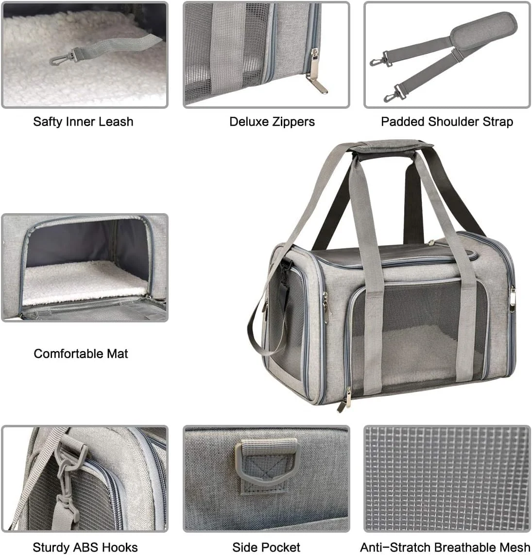 کیف حمل نرم حیوانات خانگی، کیف تاشو مسافرتی برای گربه های بزرگ/سگ های کوچک با بند شانه و تشک جداشدنی، کیف توری حمل توله سگ، تا 7 کیلوگرم، مورد تایید خطوط هوایی (خاکستری)