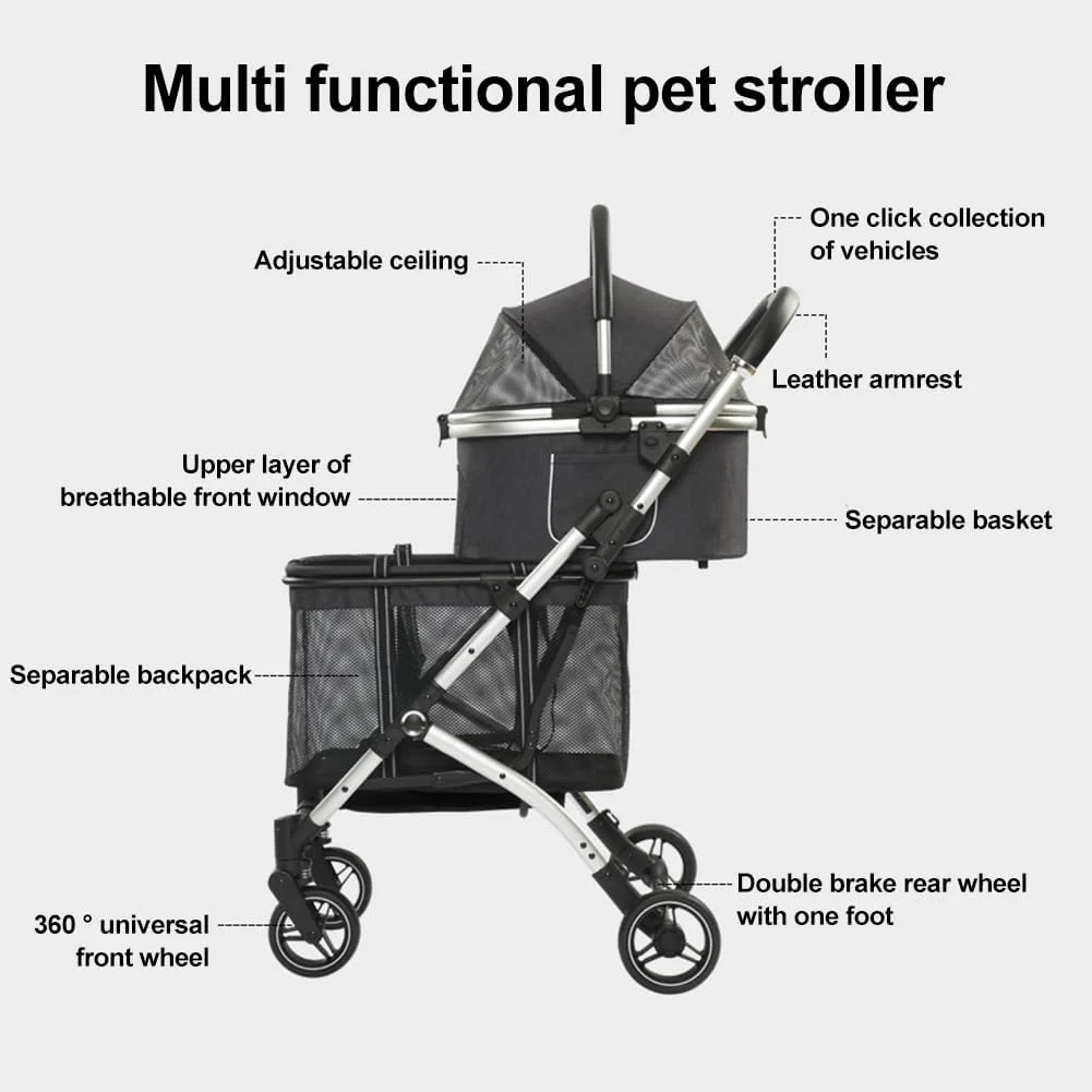 کالسکه دوقلوی حیوانات خانگی QXRSOP با 2 کیف حمل جداشدنی برای 2 سگ یا گربه، کالسکه سبک وزن تاشو سگ دوتایی با 4 چرخ قفل‌دار، سبد حمل حیوانات خانگی برای مسافرت و کمپینگ