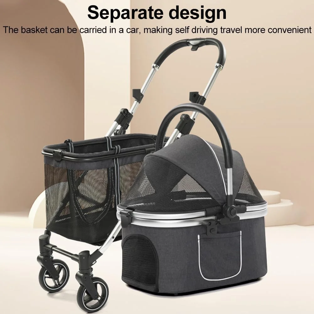 کالسکه دوقلوی حیوانات خانگی QXRSOP با 2 کیف حمل جداشدنی برای 2 سگ یا گربه، کالسکه سبک وزن تاشو سگ دوتایی با 4 چرخ قفل‌دار، سبد حمل حیوانات خانگی برای مسافرت و کمپینگ