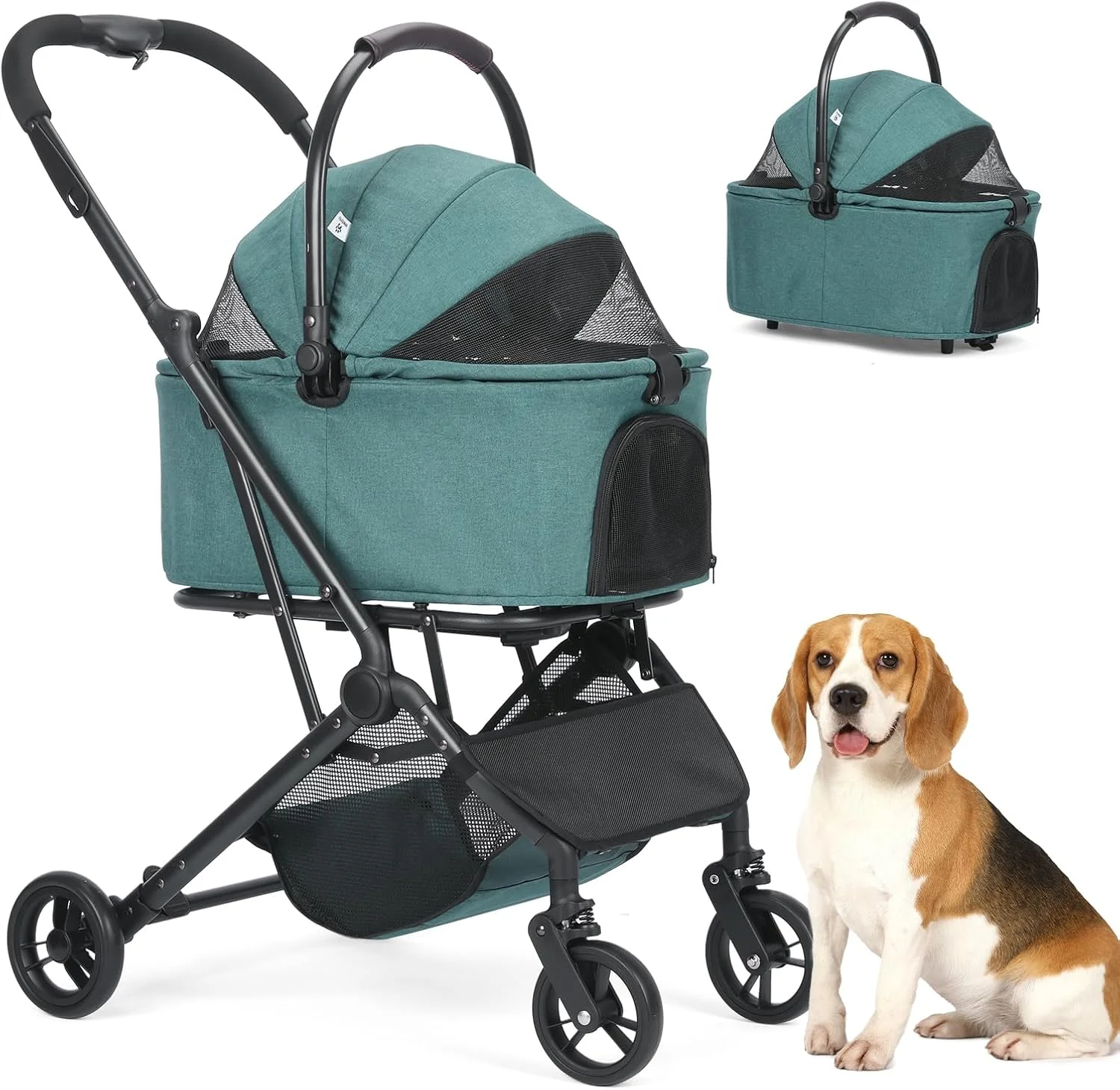 کالسکه حیوانات خانگی با 4 چرخ، حامل تاشو مسافرتی حیوانات خانگی برای سگ ها و گربه های کوچک/متوسط، کیف حیوانات خانگی قابل جدا شدن، سبد ذخیره سازی، صندلی ماشین 3 در 1 چند منظوره، آبی سبز (سبز تیره)