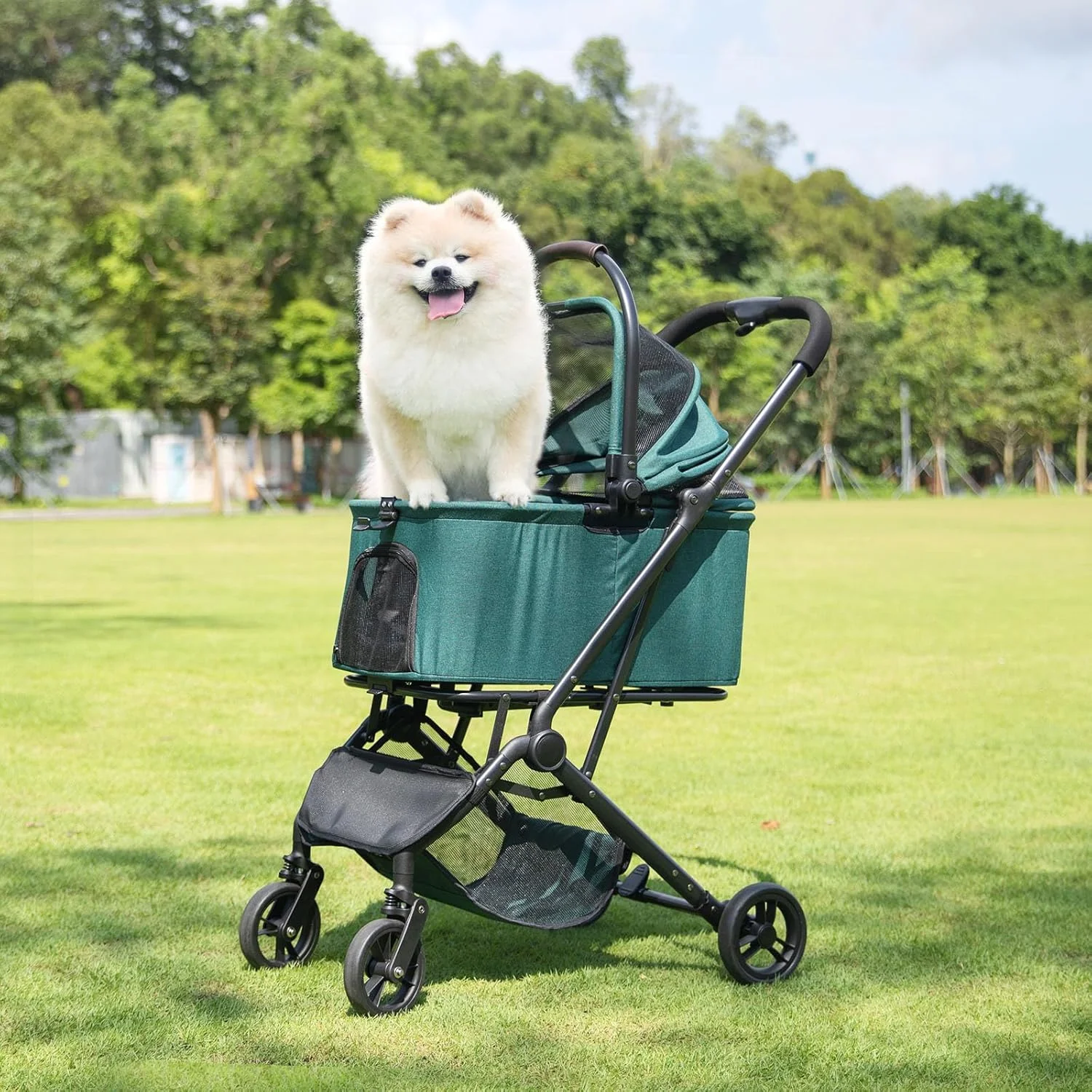 کالسکه حیوانات خانگی با 4 چرخ، حامل تاشو مسافرتی حیوانات خانگی برای سگ ها و گربه های کوچک/متوسط، کیف حیوانات خانگی قابل جدا شدن، سبد ذخیره سازی، صندلی ماشین 3 در 1 چند منظوره، آبی سبز (سبز تیره)