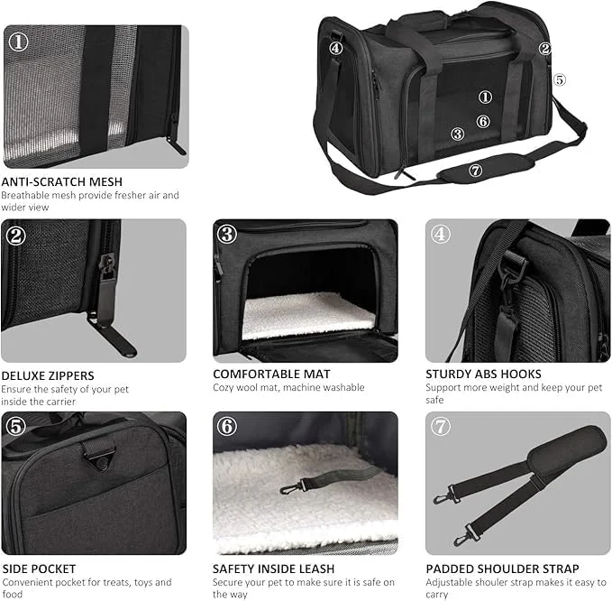 کیف حمل حیوانات خانگی - کیف مسافرتی تاشو و نرم مورد تایید خطوط هوایی TSA برای گربه ها، سگ ها و توله سگ های کوچک تا متوسط ​​تا وزن 7 کیلوگرم - طراحی شیک و کاربردی مشکی