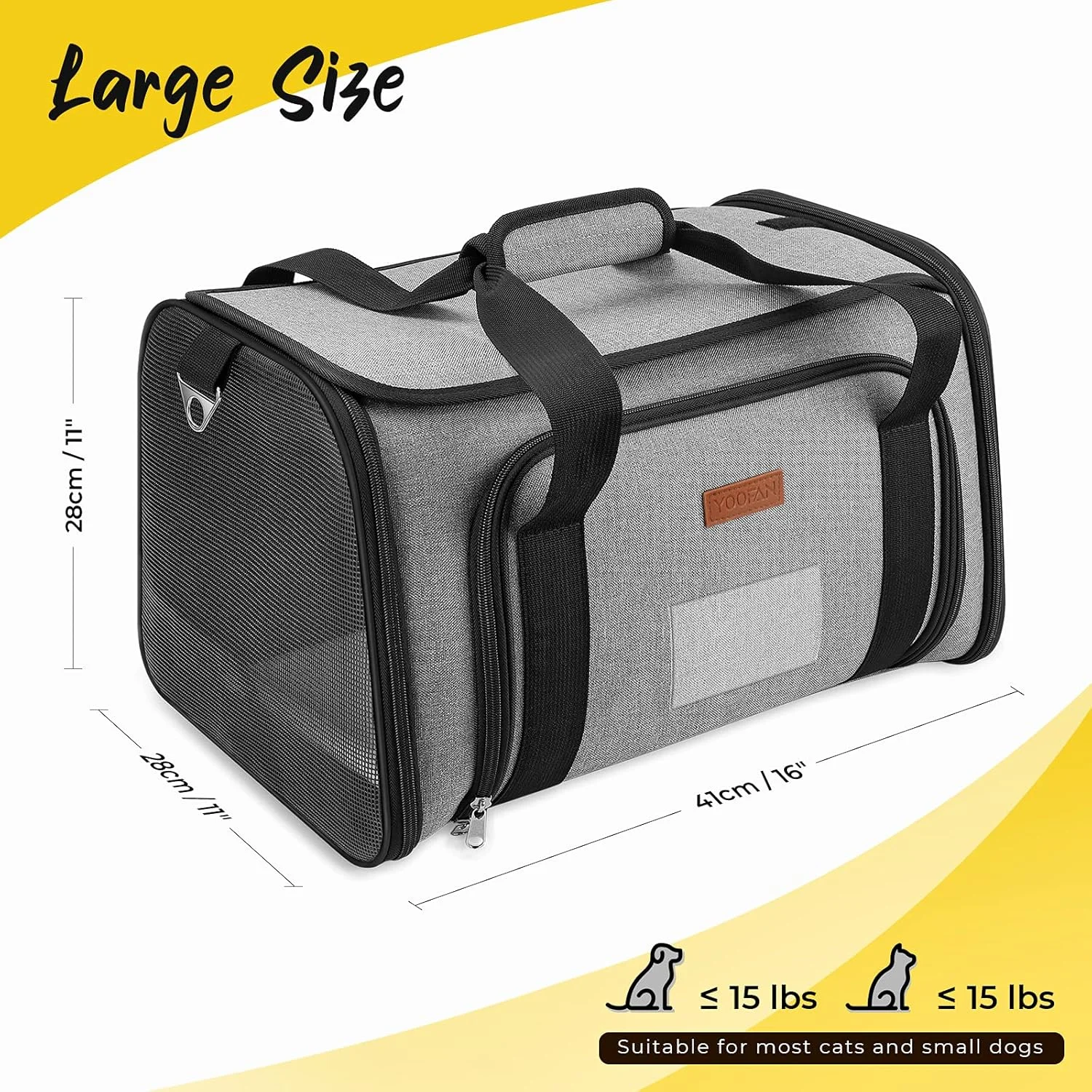 کیف حمل حیوانات خانگی YOOFAN، تاشو و مناسب هواپیما، سبد حمل قابل حمل برای گربه ها، سگ ها و توله سگ ها تا وزن 7 کیلوگرم، دارای کاسه مخصوص حیوانات خانگی، تشک جداشدنی و بند شانه - خاکستری