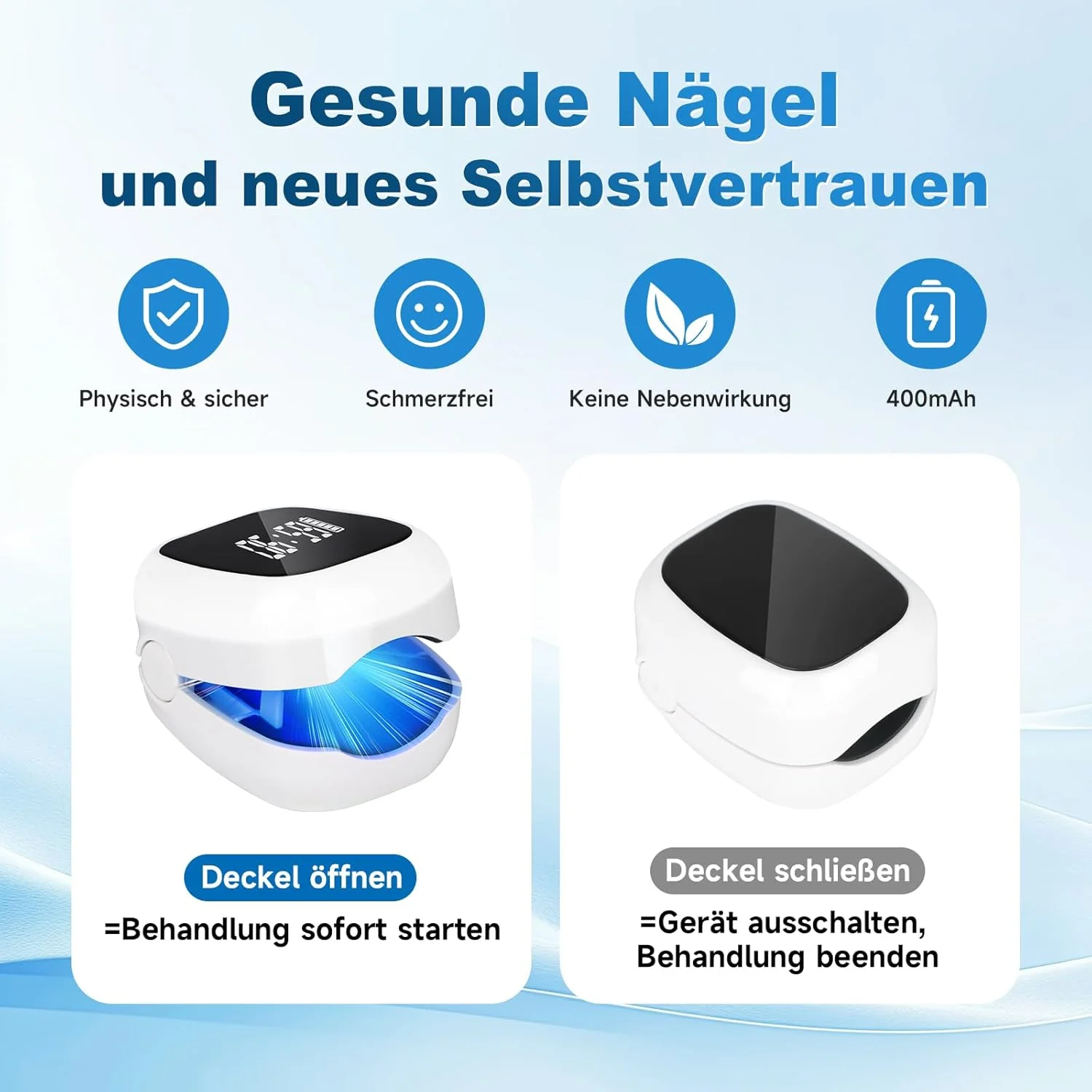 دستگاه درمان قارچ ناخن با نور مادون قرمز 940 نانومتر و نور آبی 500 نانومتر، دستگاه لیزر درمان قارچ ناخن 400 میلی آمپر ساعتی برای انگشتان پا، دستگاه لیزر قارچ ناخن، شروع با باز کردن درب، بدون انتظار