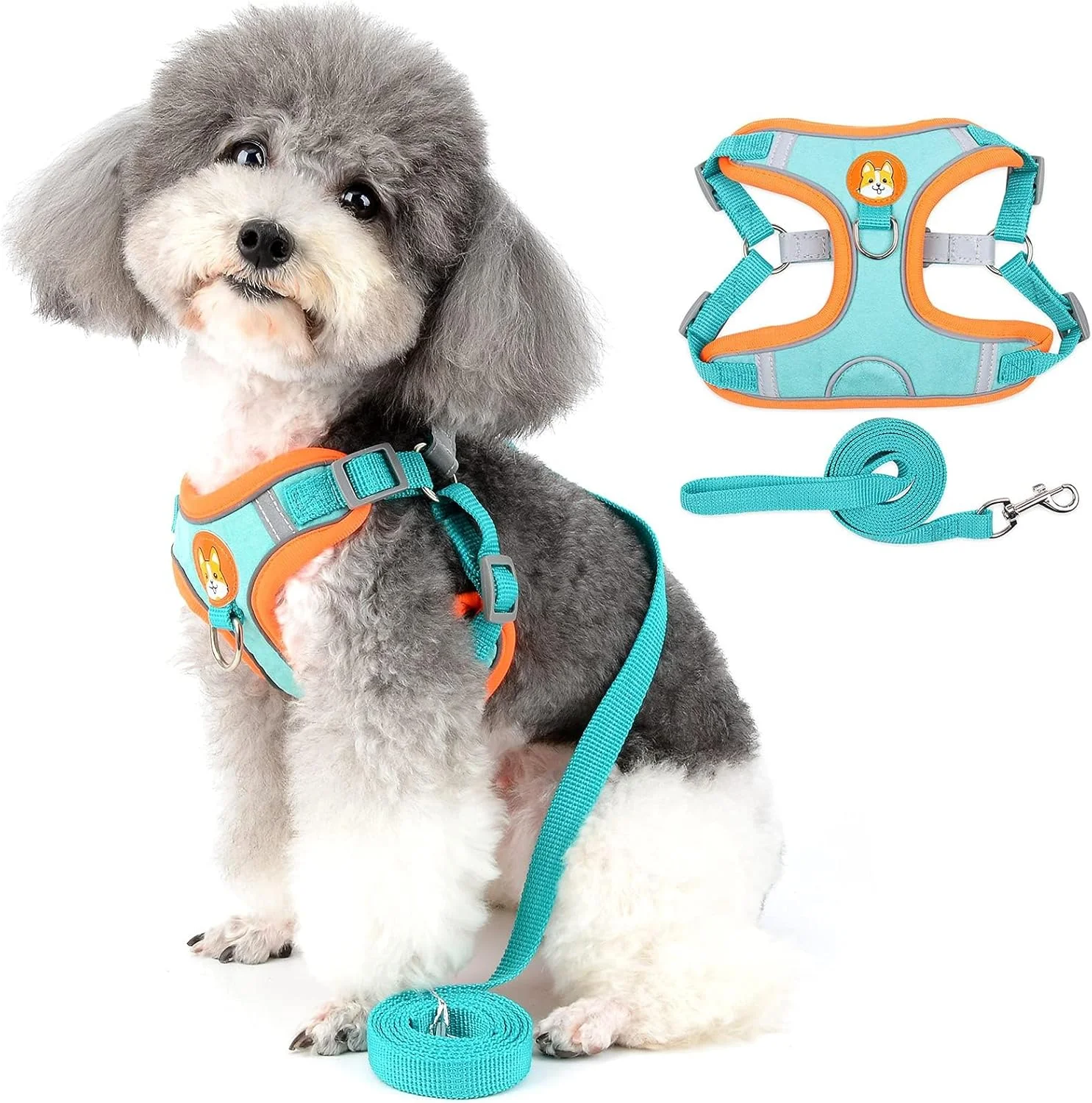 ست قلاده و بند سگ کوچک بدون کشیدن مومو بیر، جلیقه سوئدی پله ای برای توله سگ های دختر و پسر، قلاده بازتابنده قابل تنظیم برای پیاده روی در فضای باز