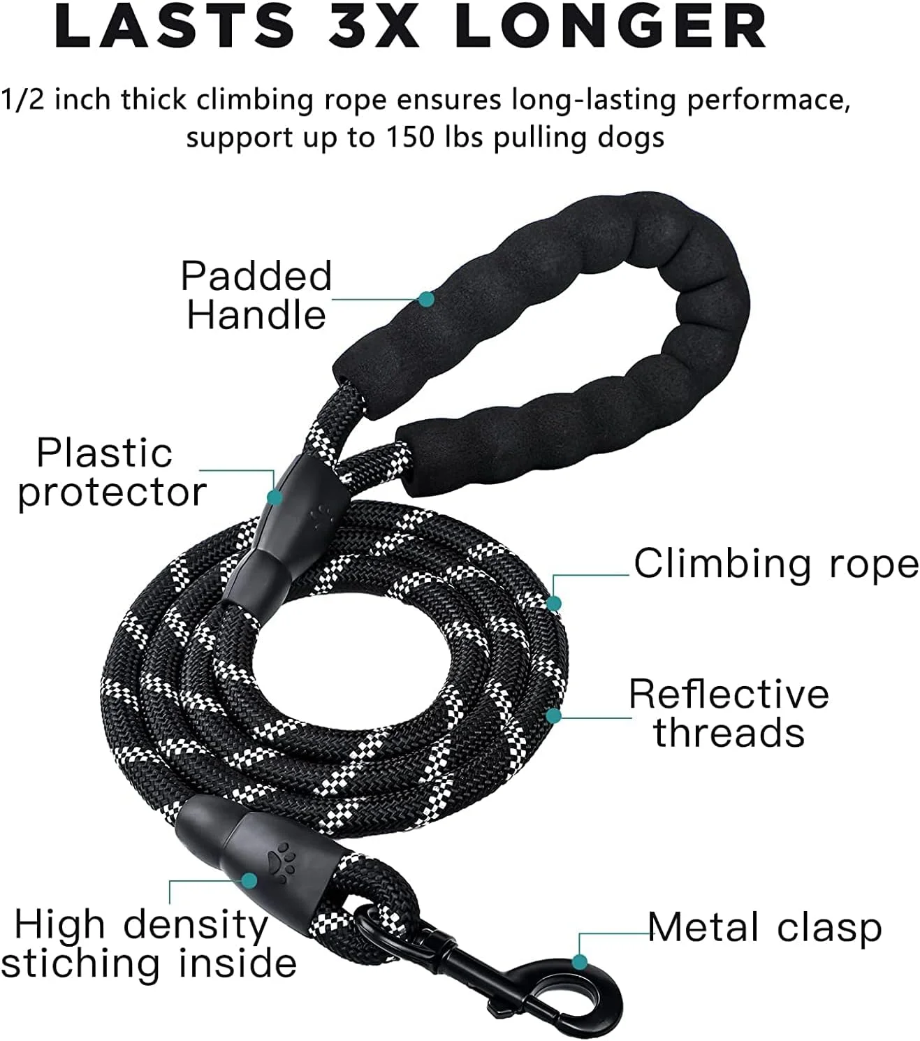 بند قلاده سگ مومو بیر، 1.5 متری، مقاوم، با دسته نرم و راحت و نخ های بازتابنده نور، مناسب برای سگ های متوسط و بزرگ (مشکی) بند قلاده سگ مومو بیر، 1.5 متری، مقاوم، با دسته نرم و راحت و نخ های بازتابنده نور، مناسب برای سگ های متوسط و بزرگ (مشکی)