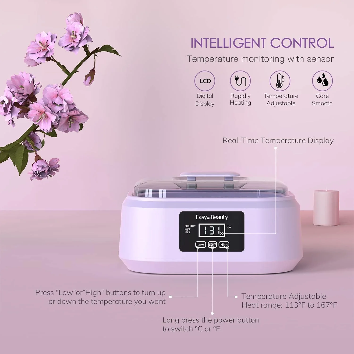 دستگاه پارافین تراپی EasyinBeauty برای دست و پا، گرم کننده پارافین لمسی 3000 میلی لیتری با 6 بسته موم اسطوخودوس (1.2 کیلوگرم)، اسپا پارافین داغ برای درمان، حمام پارافین برای پوست صاف و نرم