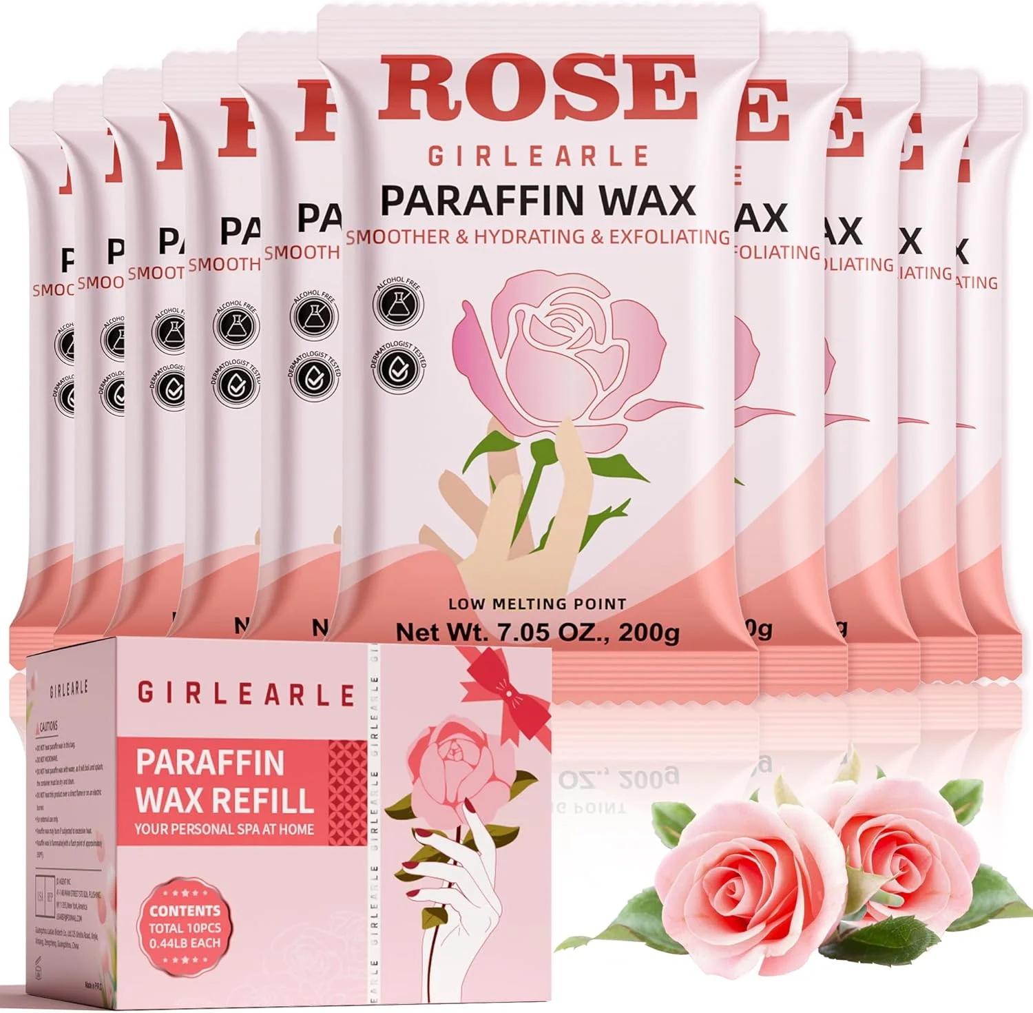 موم پارافین شارژی بسته 10 عددی برای دستگاه حمام موم پارافین - برای پوست خشک و ترک خورده دست، پا، آرنج - آبرسانی مرطوب کننده برای تسکین عضلات و مفاصل سفت (رز)