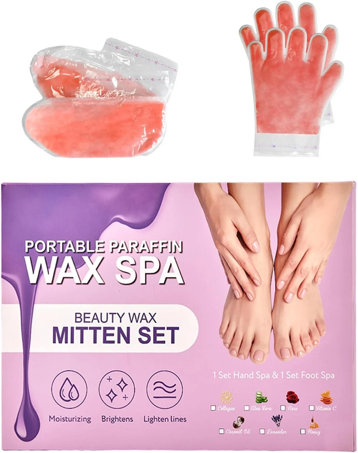 دستکش پارافین خود-گرمایشی، ست درمان 10 دقیقه‌ای دست و پا با پارافین و جوراب برای آبرسانی عمیق در خانه (ویتامین C)