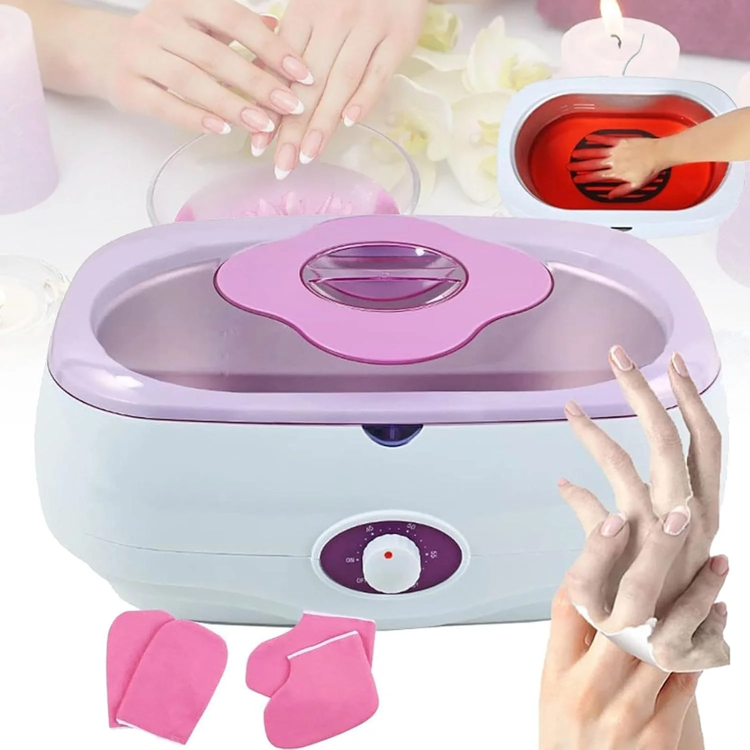 دستگاه پارافین تراپی دست و پا، ظرفیت بالا 4 لیتری، گرم کننده پارافین قابل تنظیم 0-60 درجه سانتیگراد برای مرطوب کردن و تجدید پوست، مناسب برای سالن زیبایی خانگی