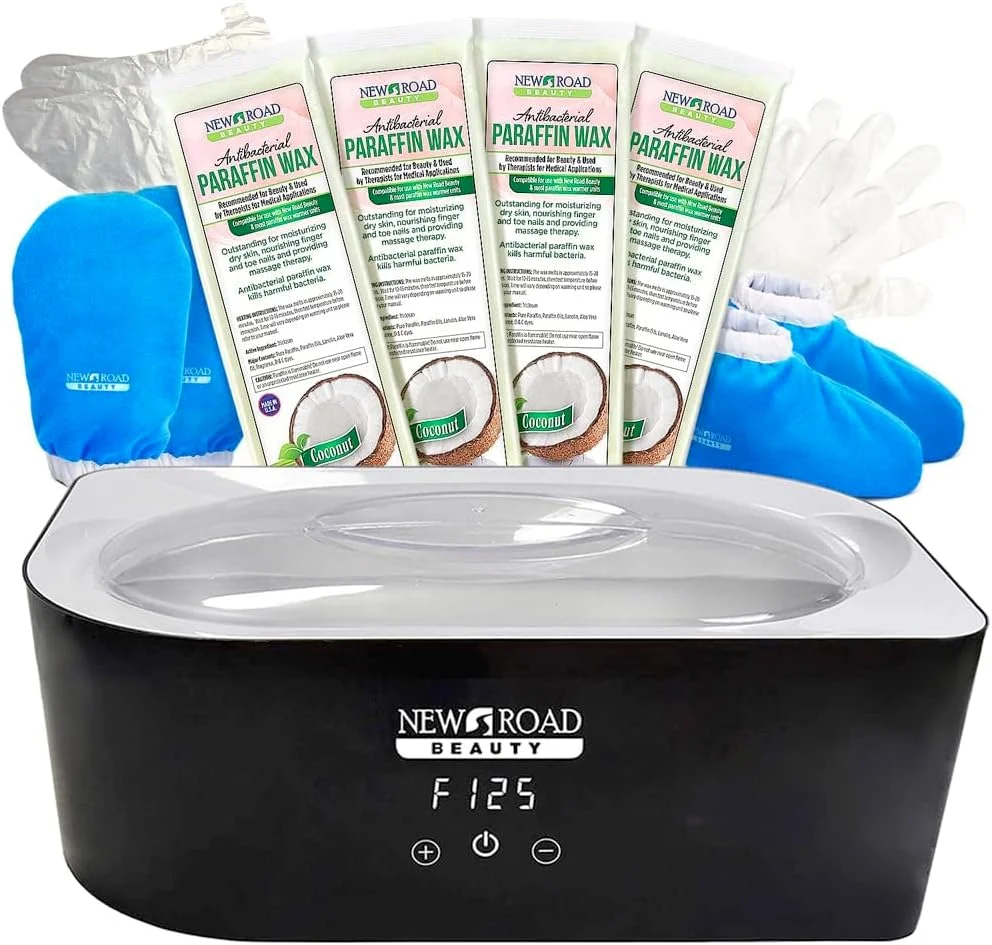 مجموعه موم پارافین برای دست و پا، حمام پارافین با گرمایش سریع و صفحه لمسی، دستکش و پاپوش حوله ای آبی، 4 بسته موم پارافین نارگیل برای آرتروز