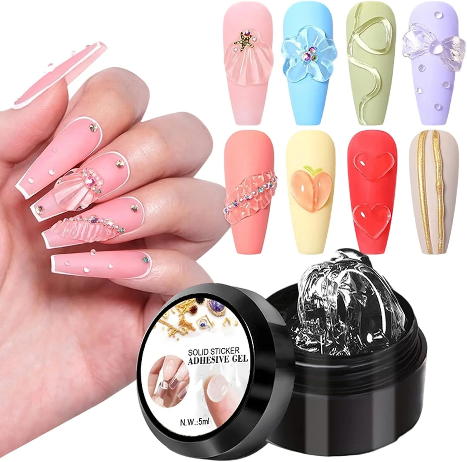 ژل سه بعدی، چسب فرم دهی تیپ های کاشت ناخن | ژل تیپ فرانسوی سخت - برای مانیکور و پدیکور ناخن در خانه، مناسب خانم ها و دختران، قابل استفاده برای تیپ های فرانسوی انگشتان دست و پا، نگین، گل، فویل و مهر