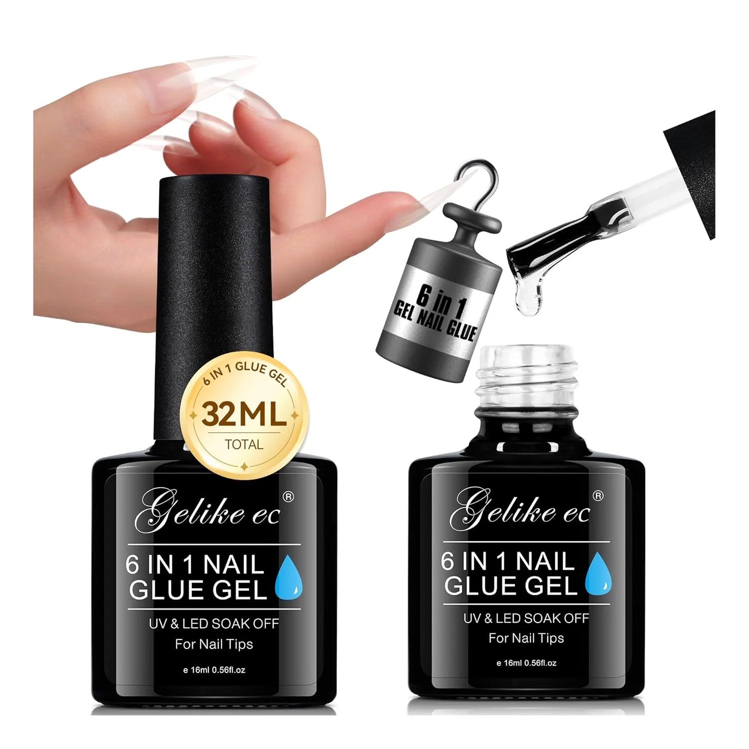چسب ژل ناخن 6 در 1 Gelike ec 32ML 2 عددی: چسب ناخن فوق العاده قوی برای ناخن های اکریلیک شفاف - چسب ژل اکستنشن بادوام UV برای پولیش ناخن و نوک ناخن های مصنوعی شفاف، نیاز به خشک شدن با UV
