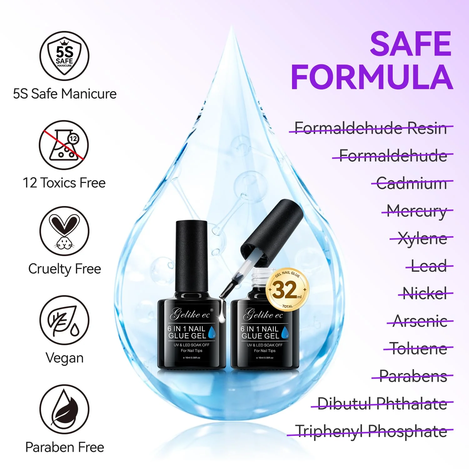 چسب ژل ناخن 6 در 1 Gelike ec 32ML 2 عددی: چسب ناخن فوق العاده قوی برای ناخن های اکریلیک شفاف - چسب ژل اکستنشن بادوام UV برای پولیش ناخن و نوک ناخن های مصنوعی شفاف، نیاز به خشک شدن با UV