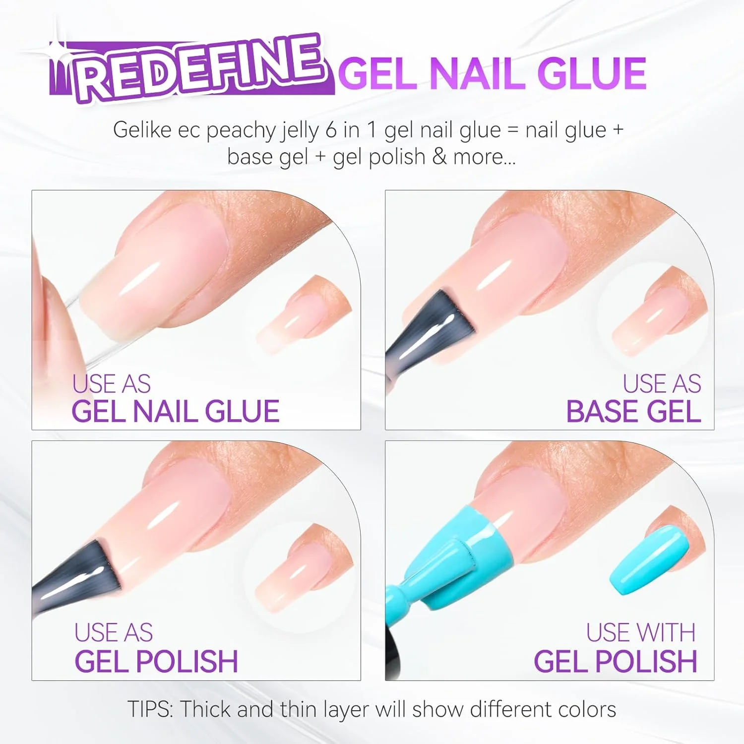 چسب ناخن ژلیک ایی سی برای ناخن های مصنوعی، 6 در 1 رنگ زردآلویی ملایم، چسب ناخن فوق العاده قوی برای چسباندن ناخن های مصنوعی، ژل چسب ناخن برای تیپ ناخن، ژل چسب ناخن برای ناخن های مصنوعی، نیاز به سخت شدن زیر لامپ UV، 8 میلی لیتر