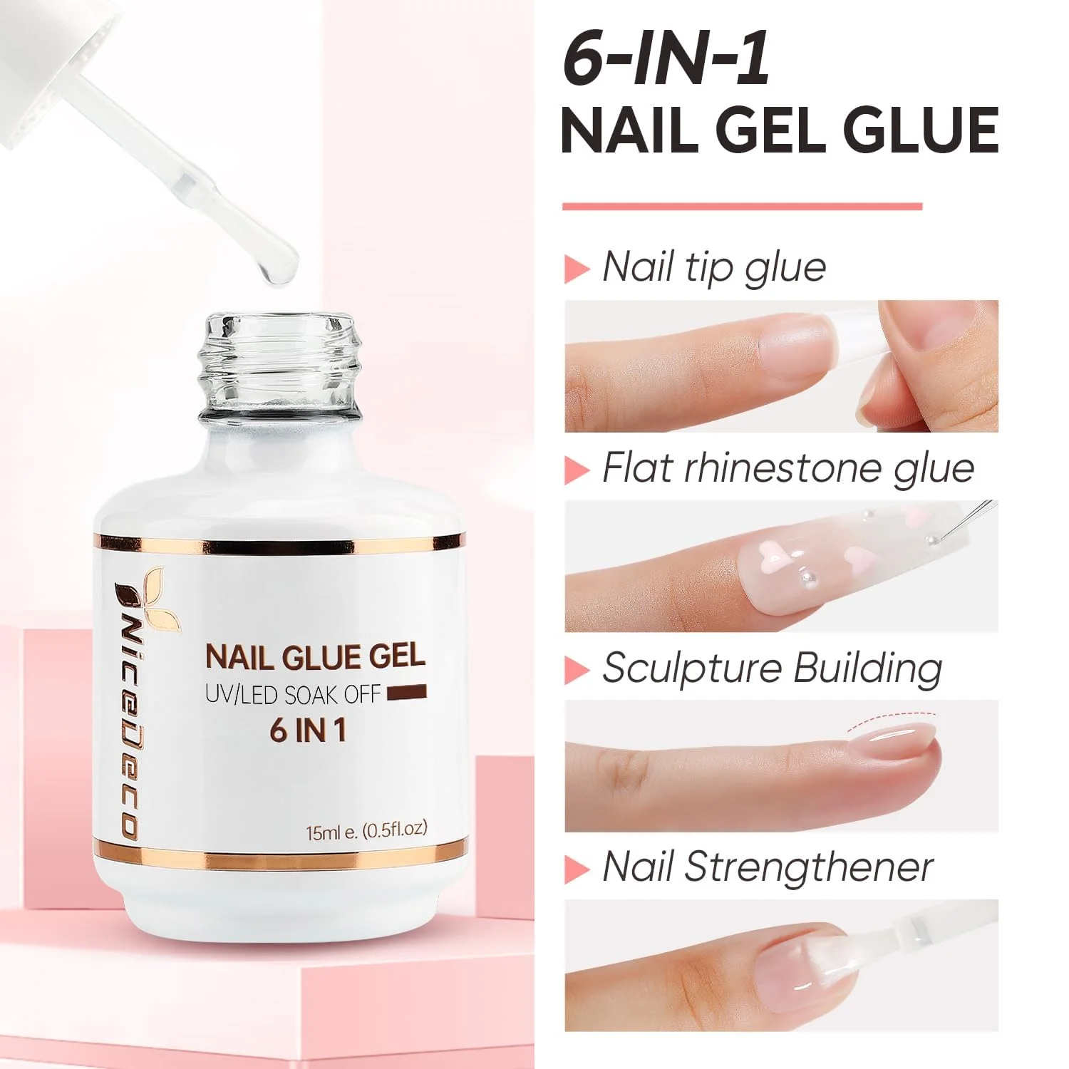 چسب ژل کاشت ناخن مصنوعی نیکودکو، 15 میلی لیتر، بدون تست حیوانی، وگان، ماندگاری طولانی، نیاز به لامپ ال ای دی