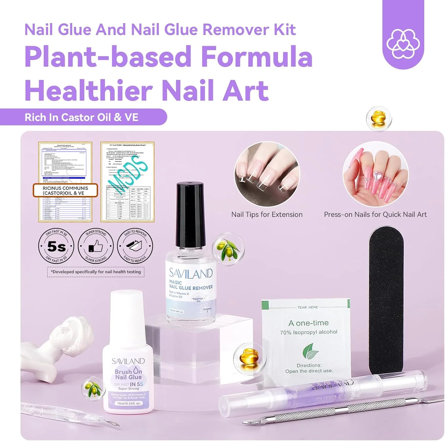 چسب ناخن SAVILAND با کیت پاک کننده چسب: چسب ناخن گیاهی با خشک شدن سریع، چسب ناخن مصنوعی با قدرت چسبندگی بالا برای ناخن های مصنوعی فشاری، روغن کرچک، پاک کننده ناخن VE، طراحی ناخن، اکستنشن ناخن، سالن خانگی
