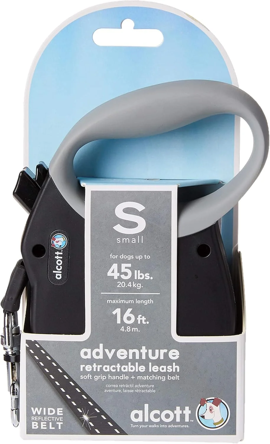 بند قلاده جمع شونده بازتابنده ماجراجویی آلکوت، 4.8 متر طول، کوچک برای سگ ها تا 20 کیلوگرم، مشکی با دسته نرم خاکستری