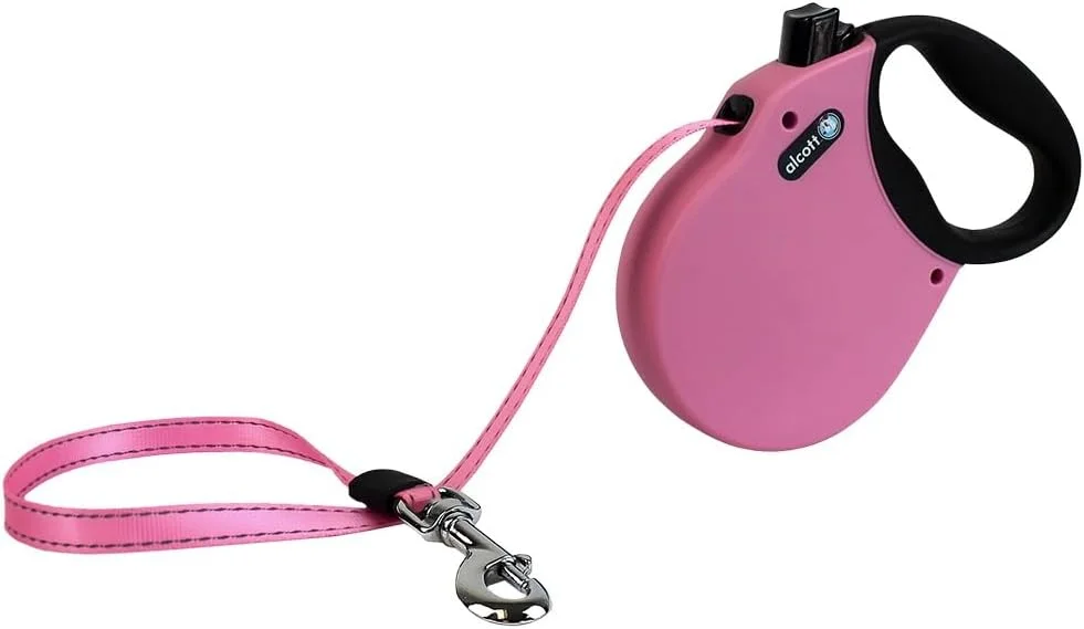 Alcott Adventure Retractable Reflective Belt Leash, 16' Long, Large For Dogs Up To 110 Lbs, Pink With Black Soft Grip Handle