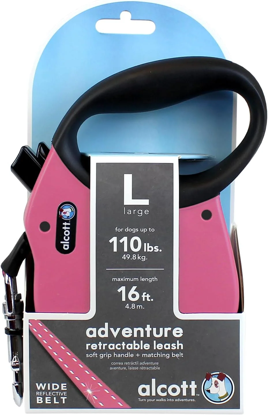 Alcott Adventure Retractable Reflective Belt Leash, 16' Long, Large For Dogs Up To 110 Lbs, Pink With Black Soft Grip Handle
