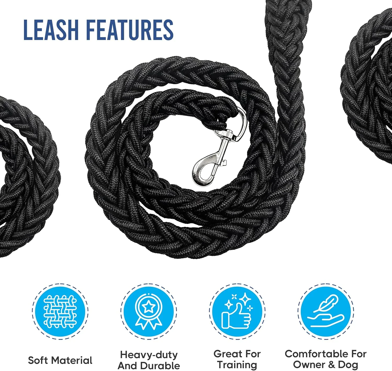 طناب قلاده سگ D-Paws برای سگ های بزرگ و سنگین، طناب بلند حیوانات خانگی، مشکی (120 سانتی متر)
