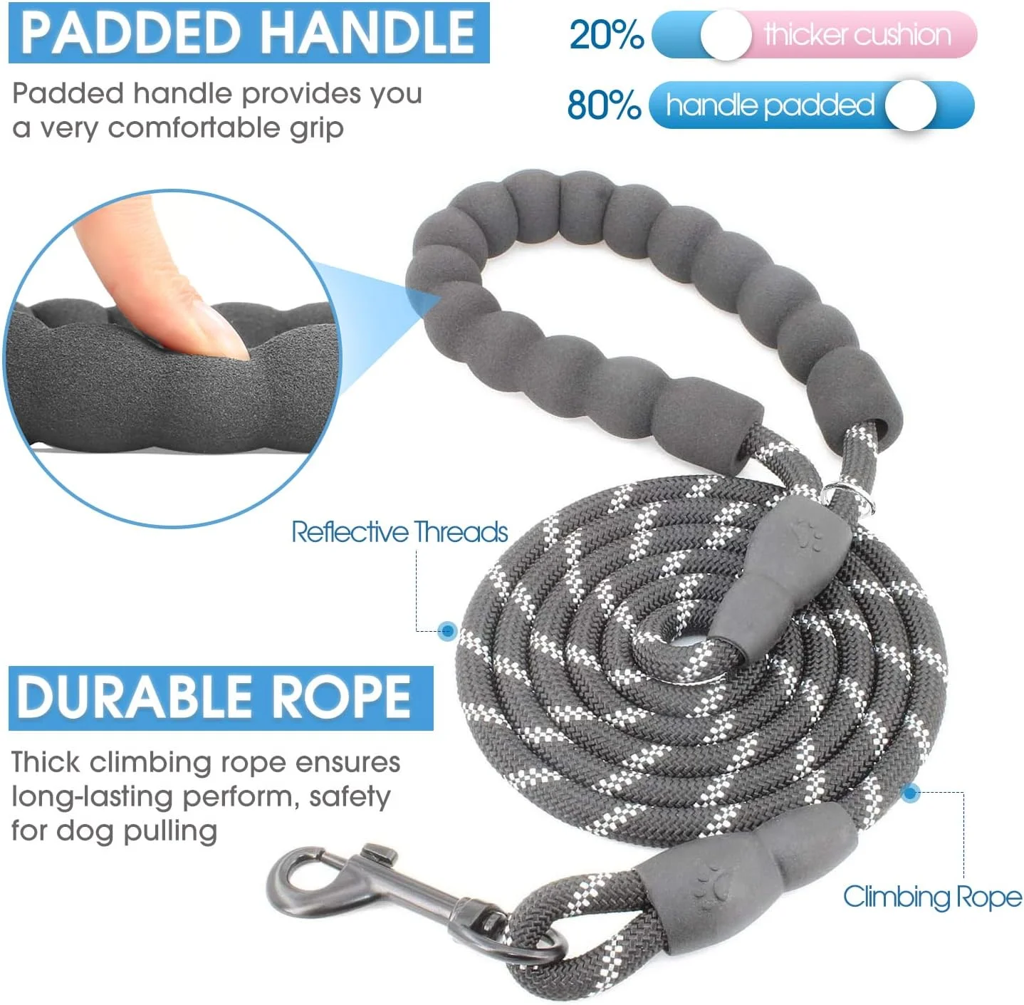 طناب سگ قوی BAAPET، 2 عددی، طول 1.5 متر، با دسته نرم و راحت و نخ های بازتابنده، مناسب برای سگ های کوچک، متوسط و بزرگ (ضخامت 8 میلی متر، مشکی+مشکی)